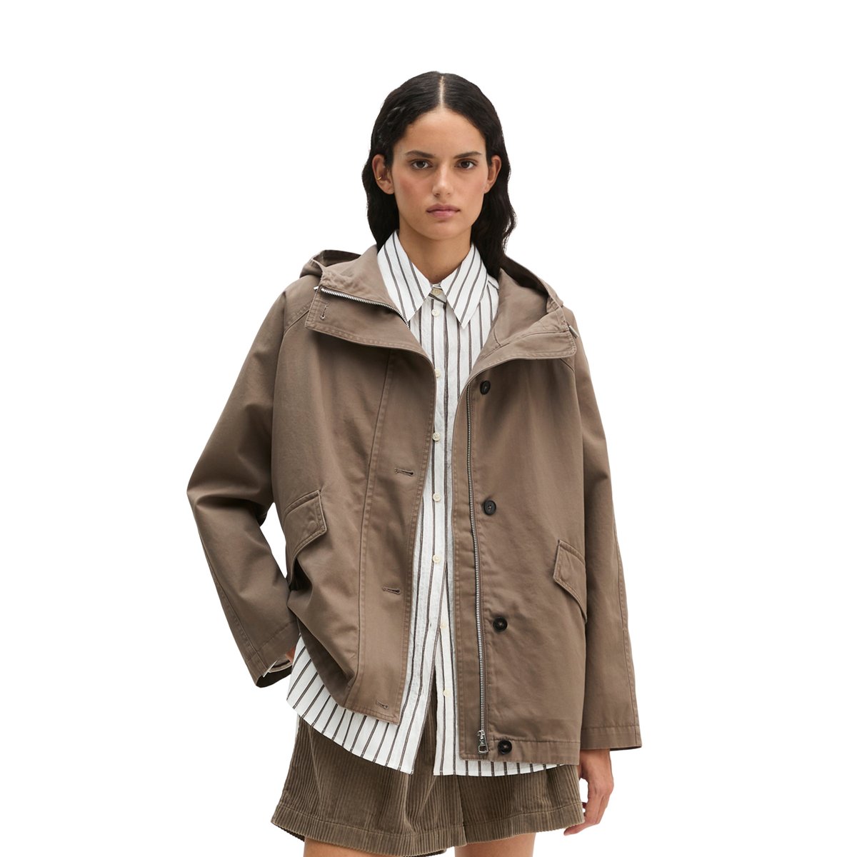Veste cape avec capuche relaxed garment-dyed en sergé de coton organique marron, MARC O'POLO