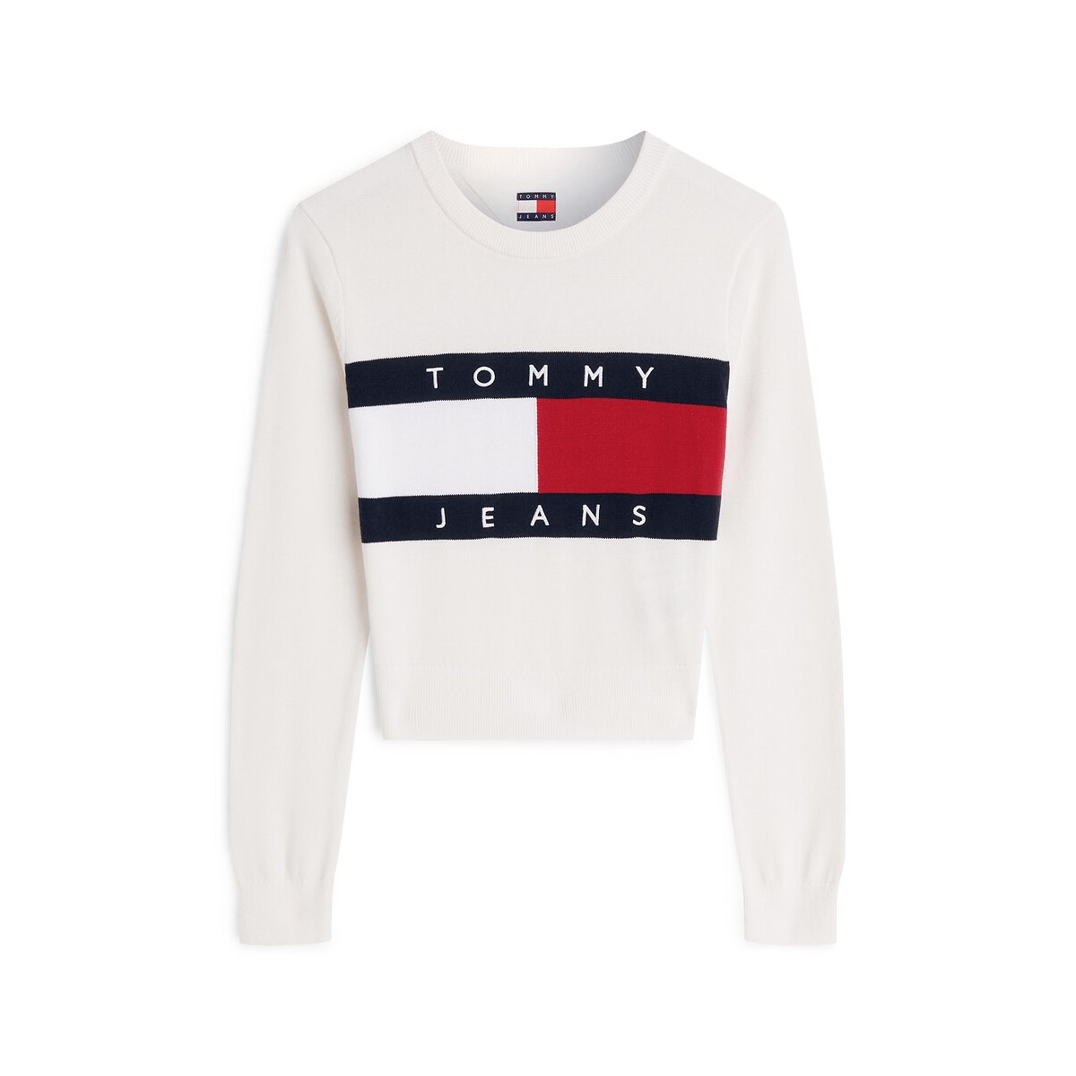 Pull col rond logo ecru, TOMMY JEANS