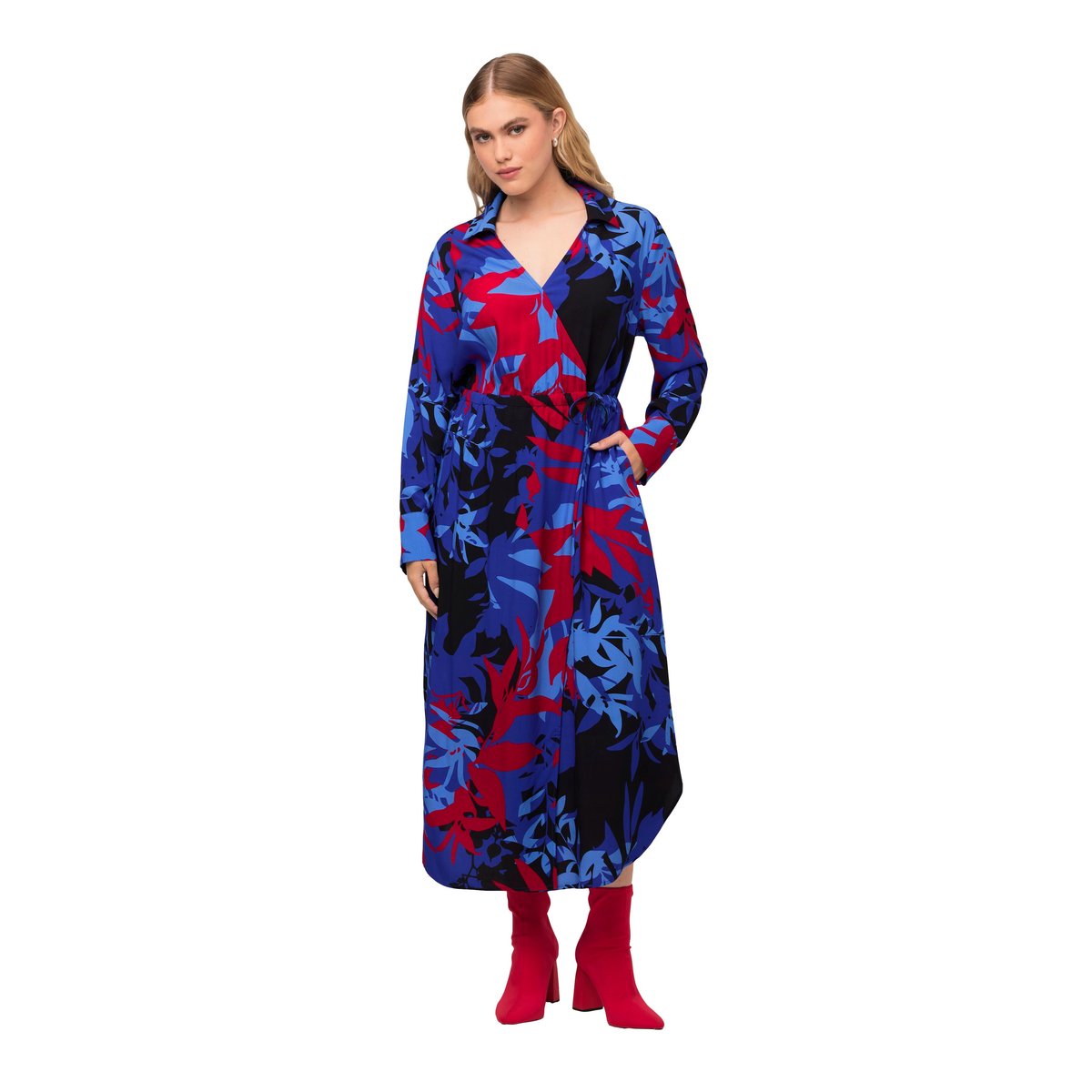 Robe midi à manches longues et col en V. titan bleu, ULLA POPKEN