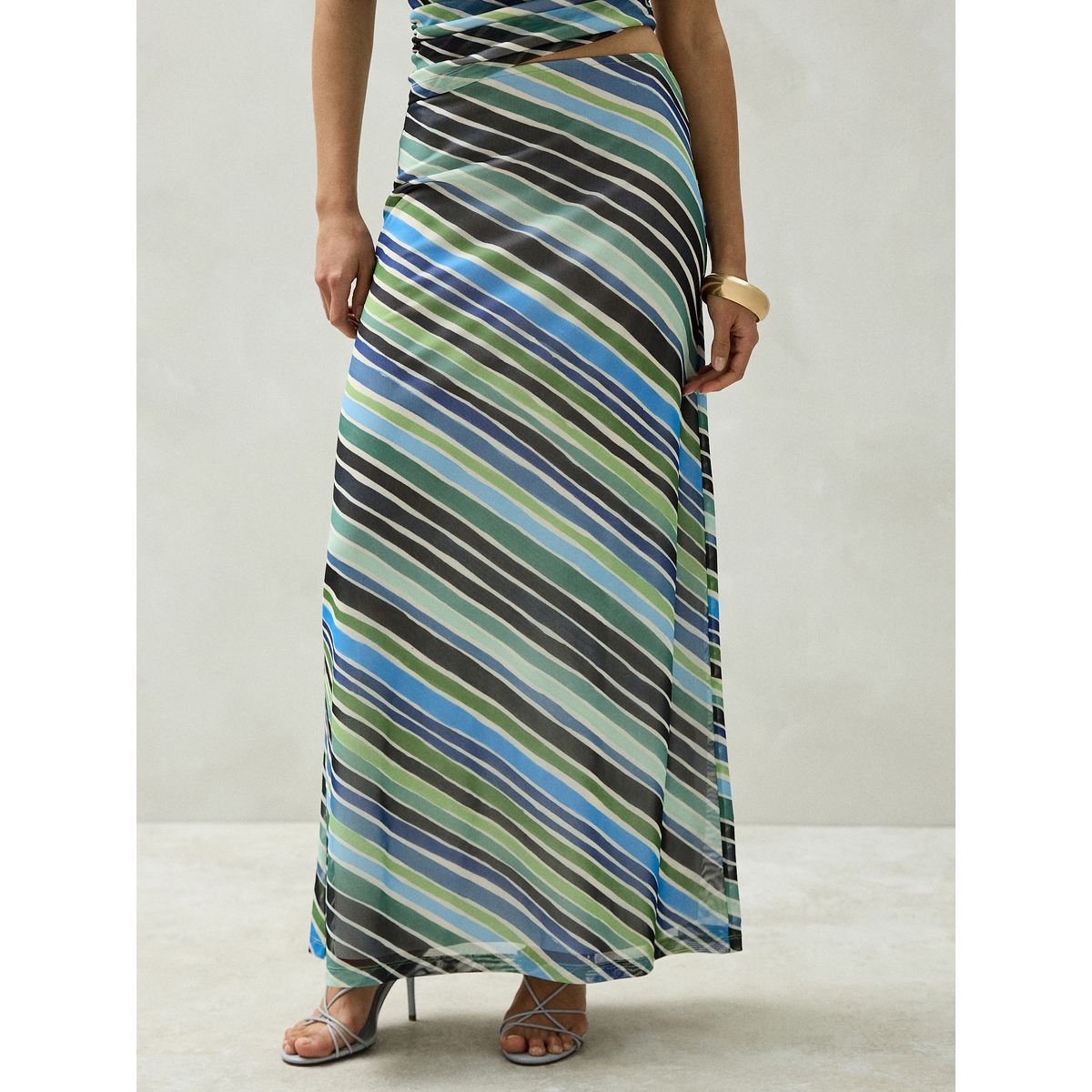Jupe longue en tulle rayure bleu/vert, NEXT
