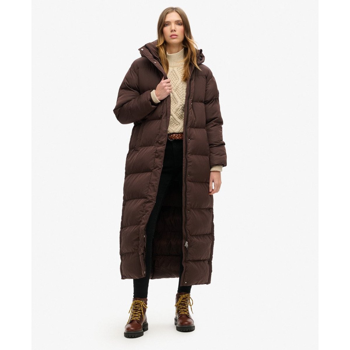 Doudoune maxi à capuche marron grain de café, SUPERDRY