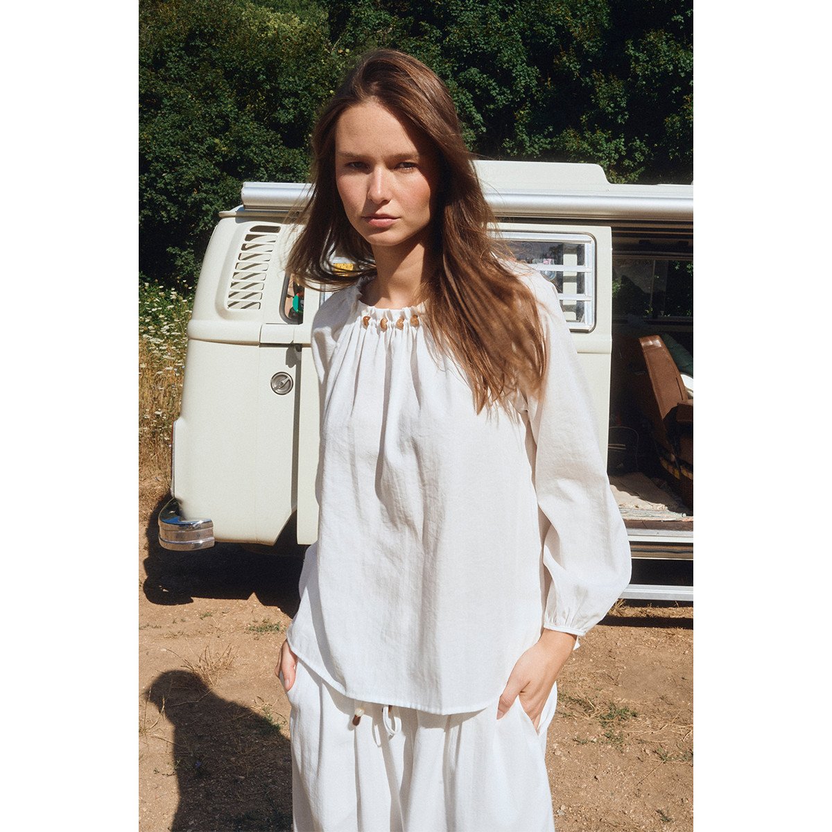 Blouse col rond perlé blanc, MOLLY BRACKEN
