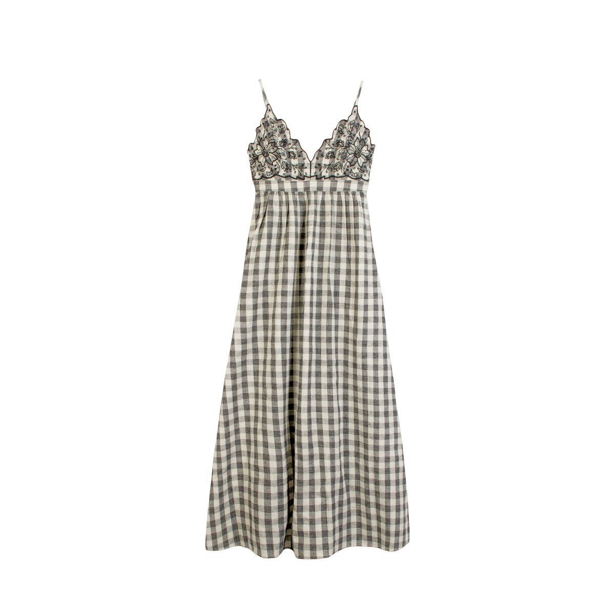 Robe longue motif carreaux et broderies ecru, IKKS