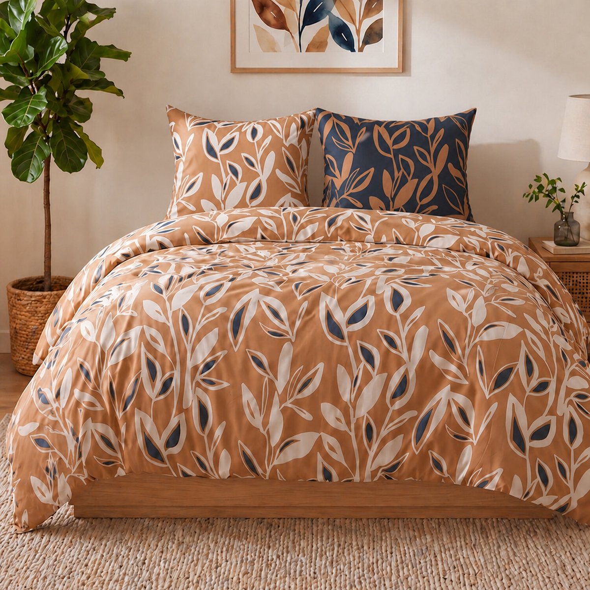 Parure housse de couette imprimée végétale en coton, LINDA multicolore, ATELIER DU COTON
