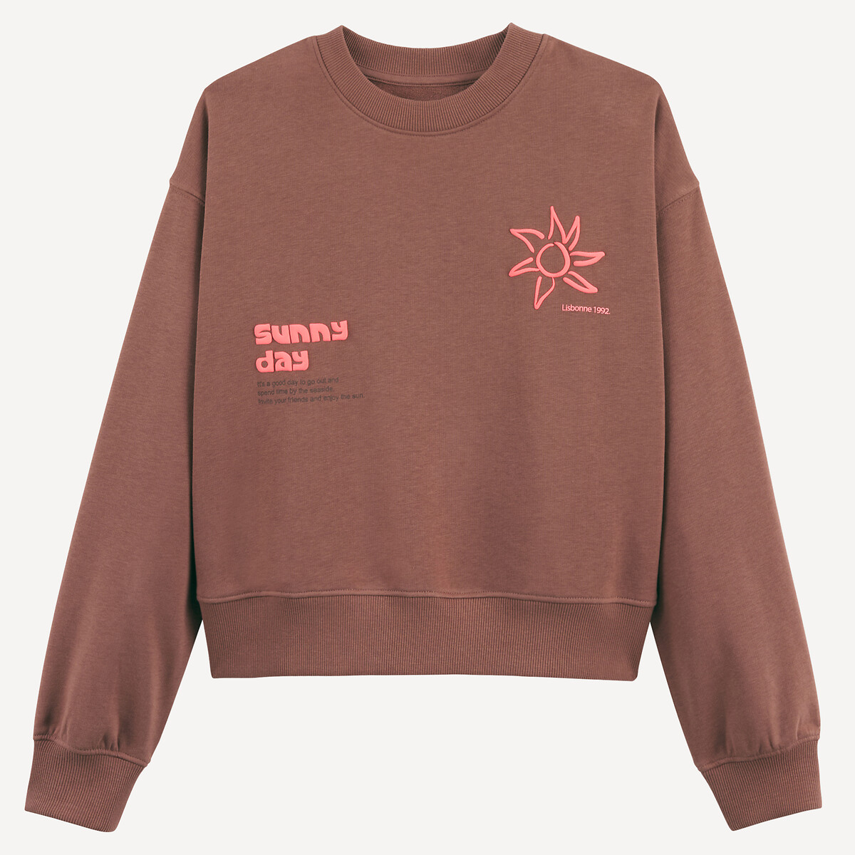 Sweatshirt mit Rundhalsausschnitt, aus Molton, mit Sonnenmotiv und Botschaft braun, LA REDOUTE COLLECTIONS