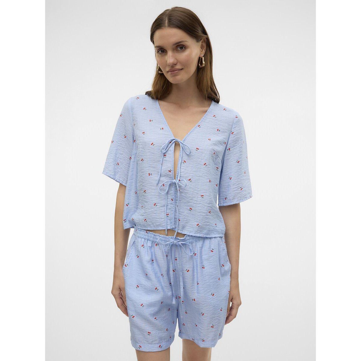 Printed Blouse with Bows On Front sky blue, VERO MODA