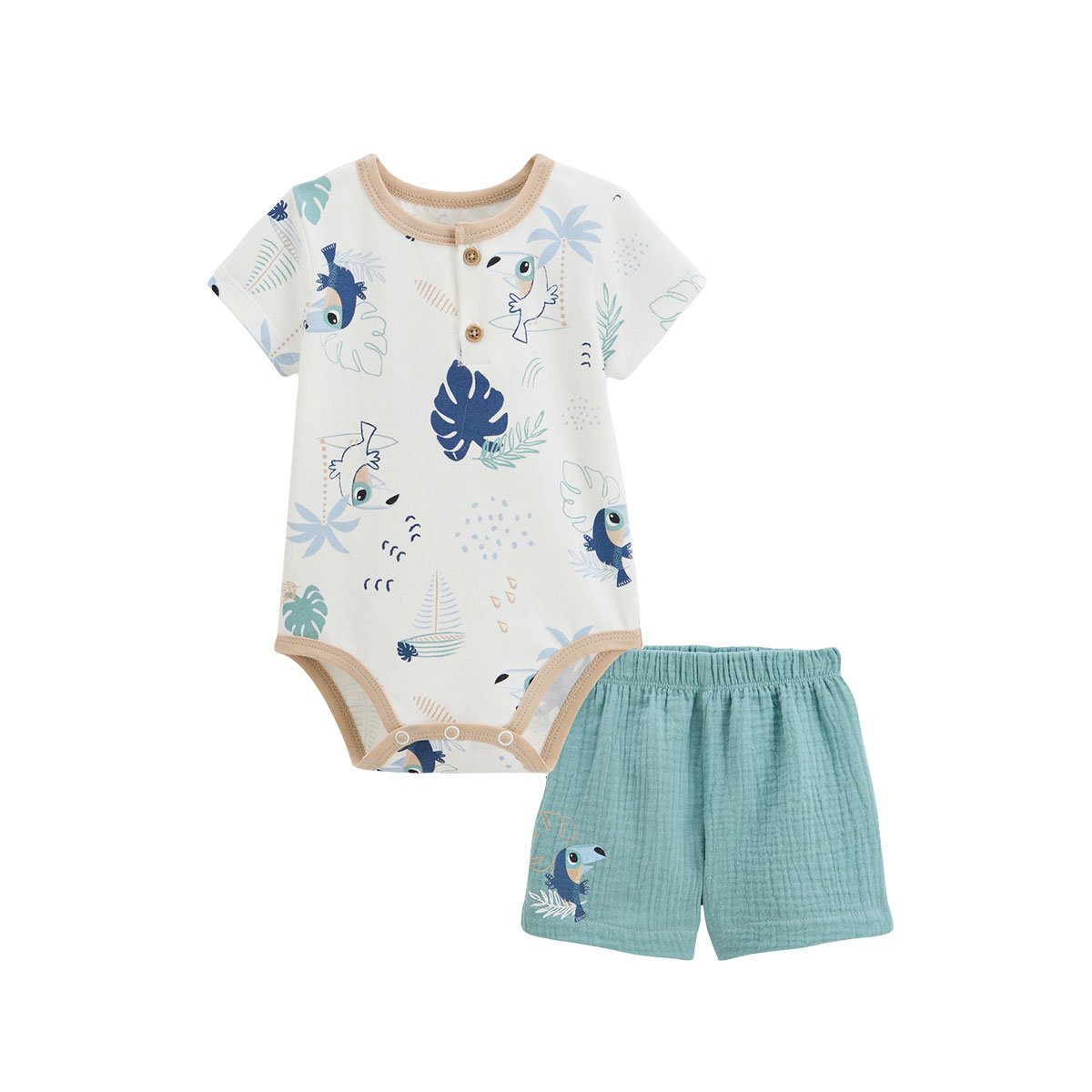 Ensemble body bébé et short en gaze de coton Toucana bleu, PETIT BEGUIN