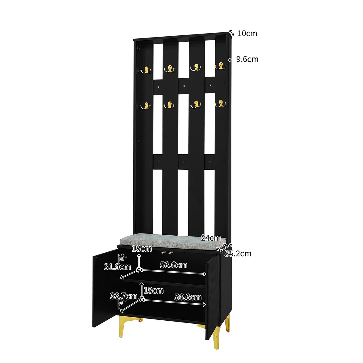Vestiaire d'entrée ondulé avec banc et rangement, PORTER-A noir, MEUBLES COSY