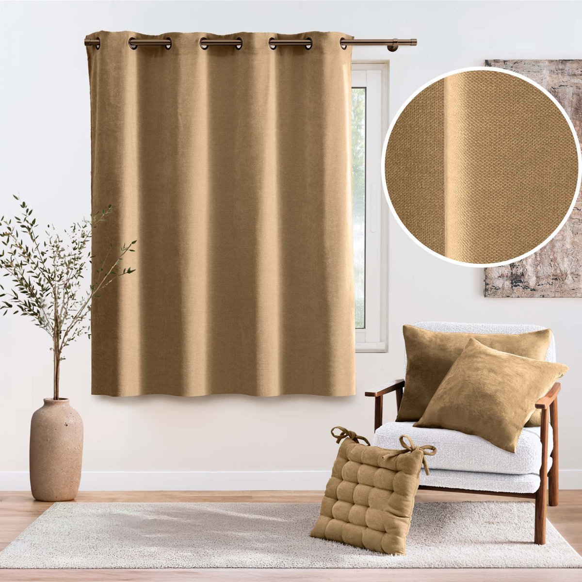 Rideau tamisant à œillets en velours chenille marron, DOUCEUR D'INTÉRIEUR
