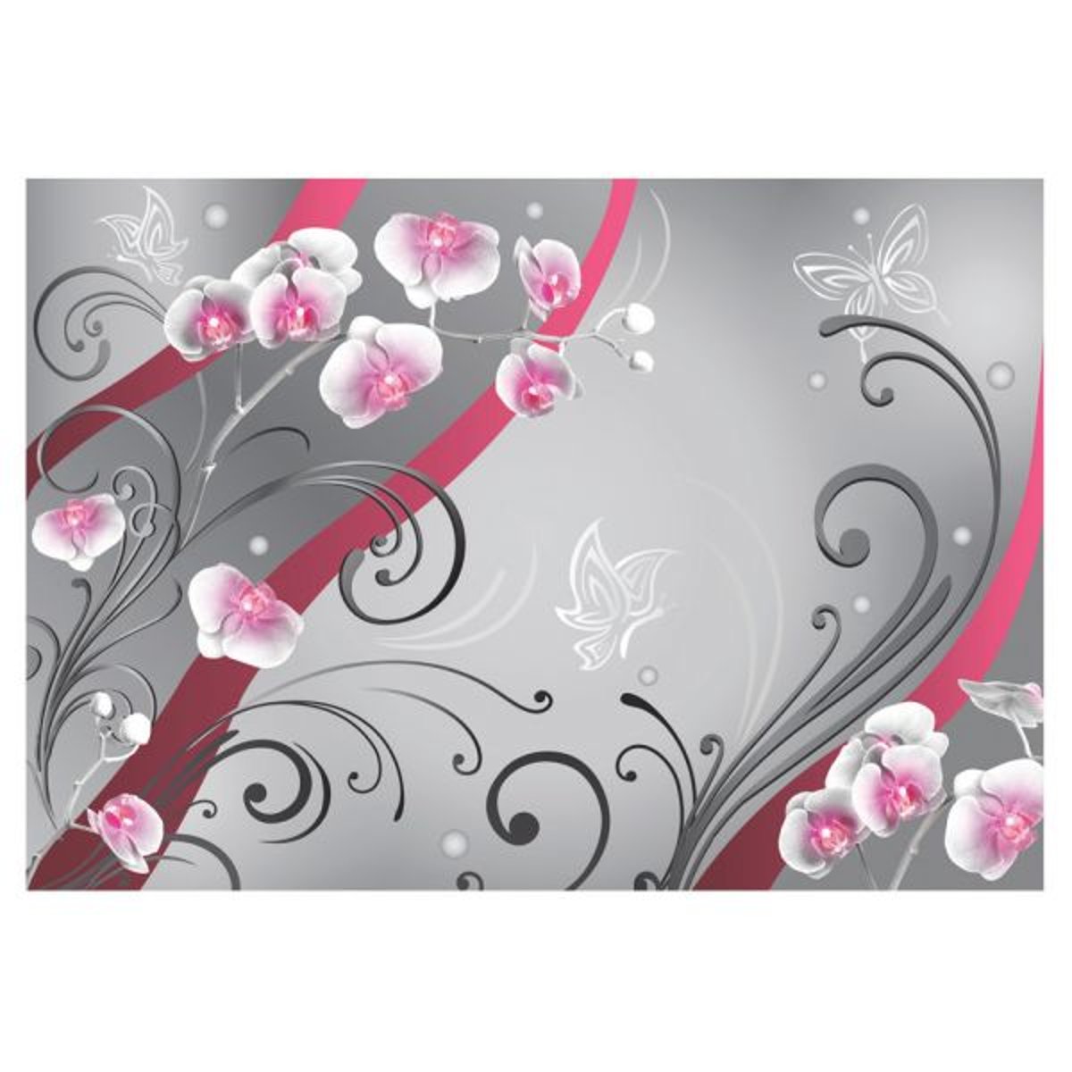 Papier peint intissé panoramique Pink orchids - variation gris / argent, EDEN