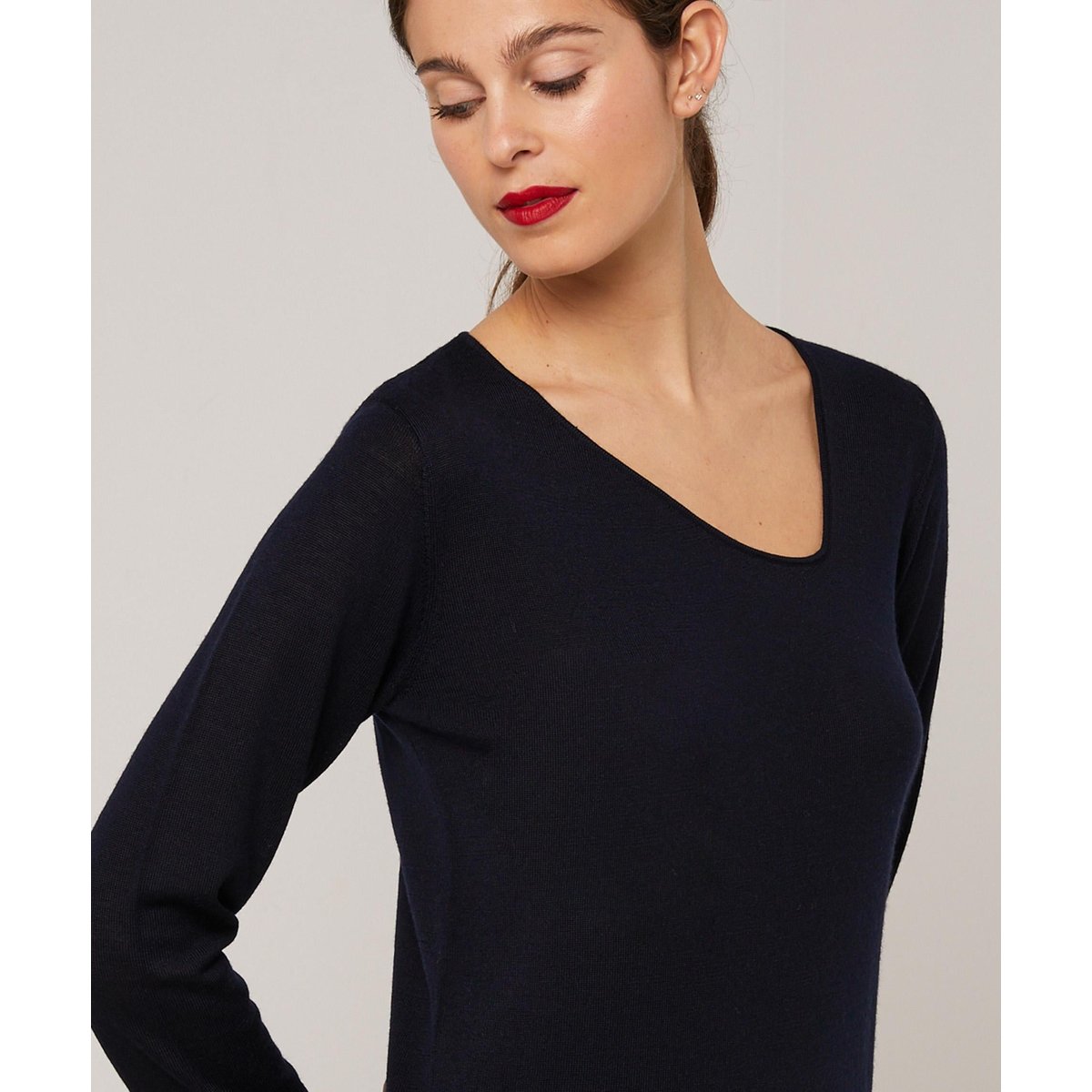 Pull encolure asymétrique en laine mérinos bleu marine, RODIER
