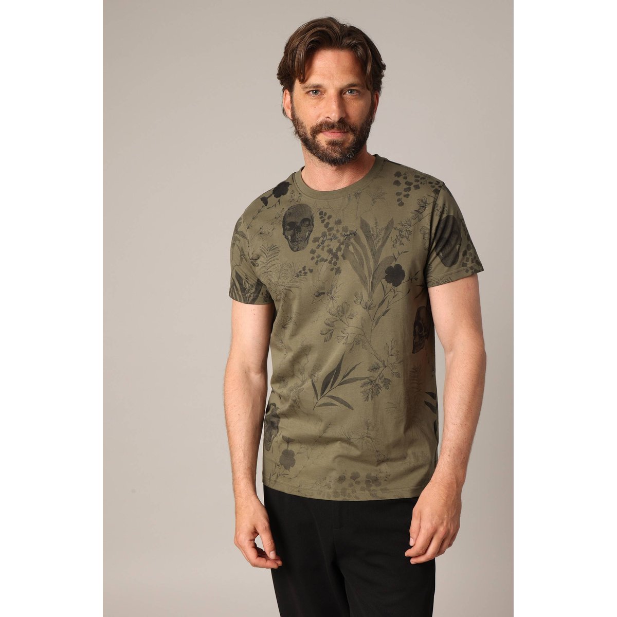 T-shirt 100% coton avec imprimé végétal et têtes de mort intégrées BOTANICAL dark khaki, DEELUXE