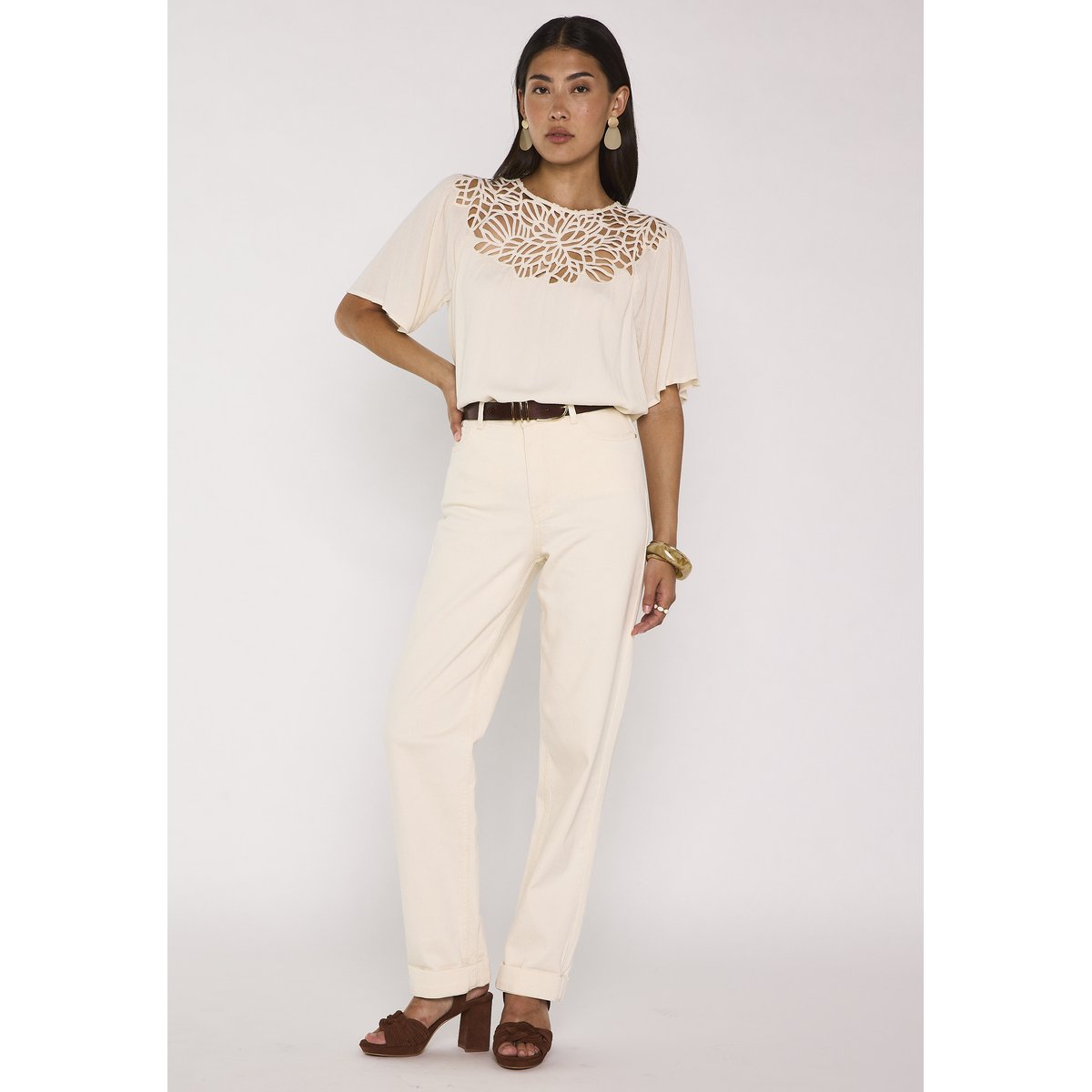 Blouse dentelles à manches courtes MELISSA creme, Maison 123