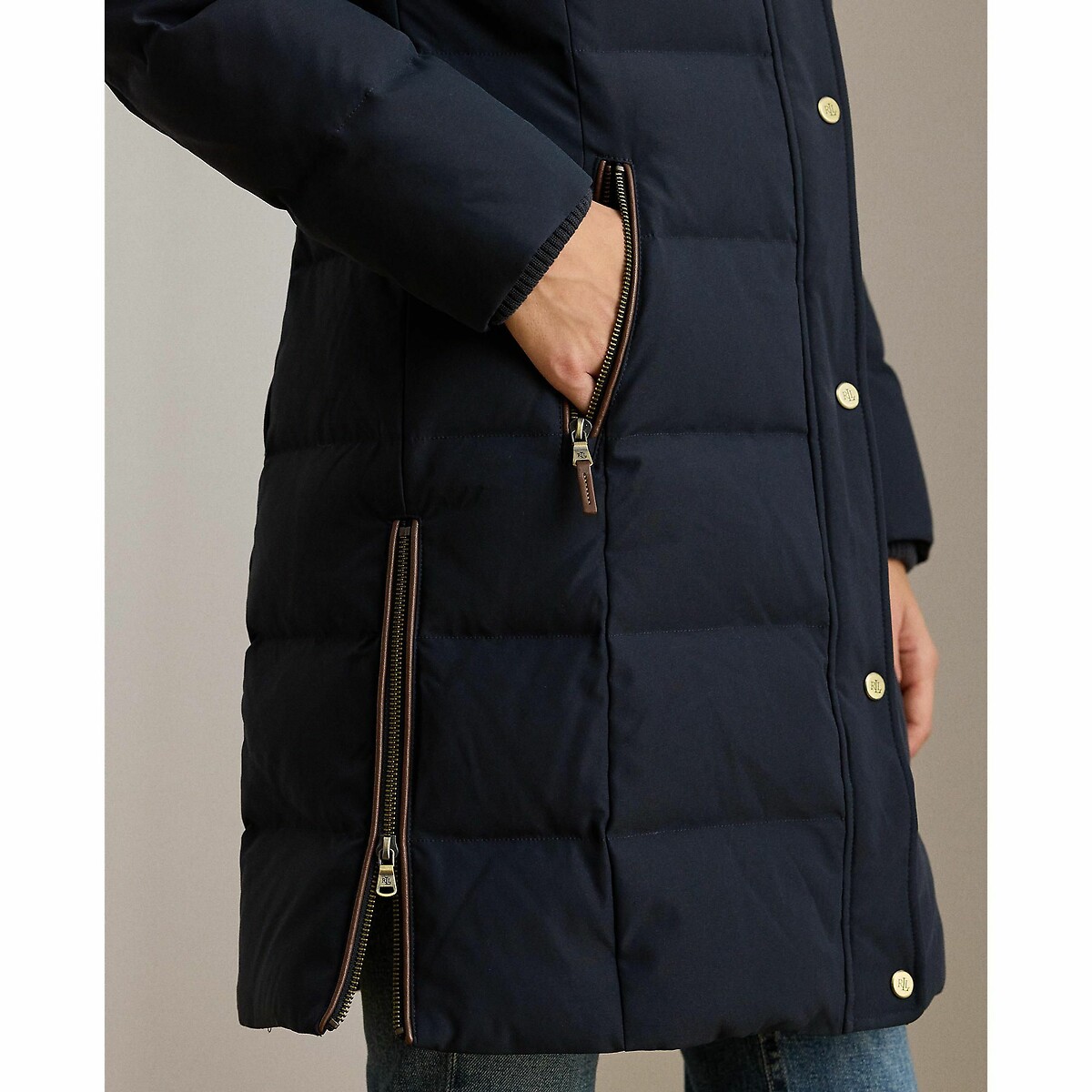 Chaqueta acolchada semilarga con capucha azul marino, LAUREN RALPH LAUREN