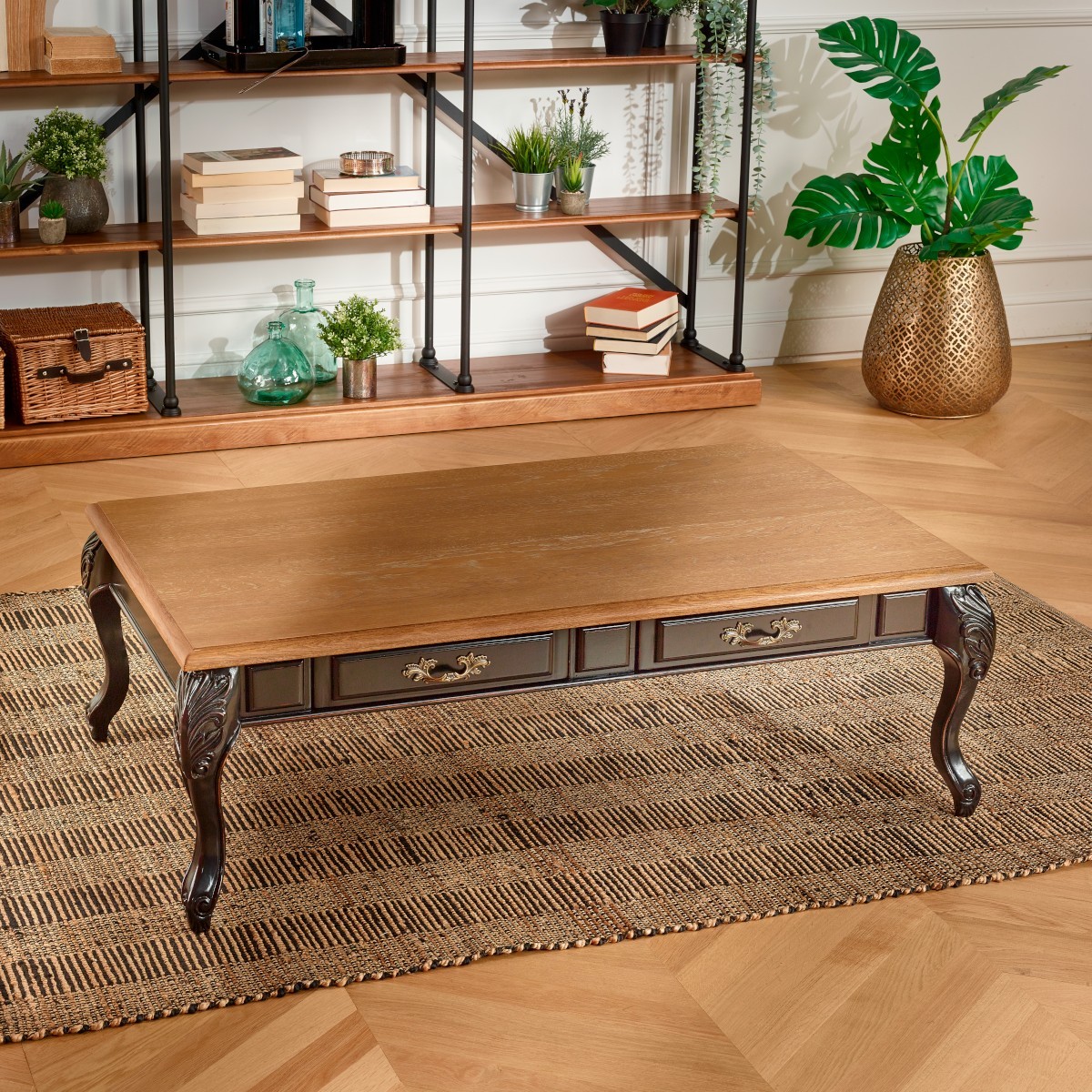 Table basse rectangulaire style shabby chic, plateau en chêne MARIANNE noir, ROBIN DES BOIS