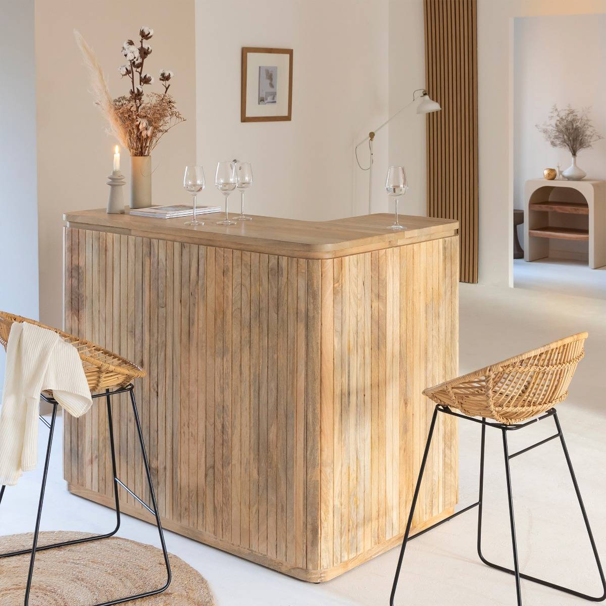 Meuble bar en angle bois de manguier LOU bois clair, MADE IN MEUBLES