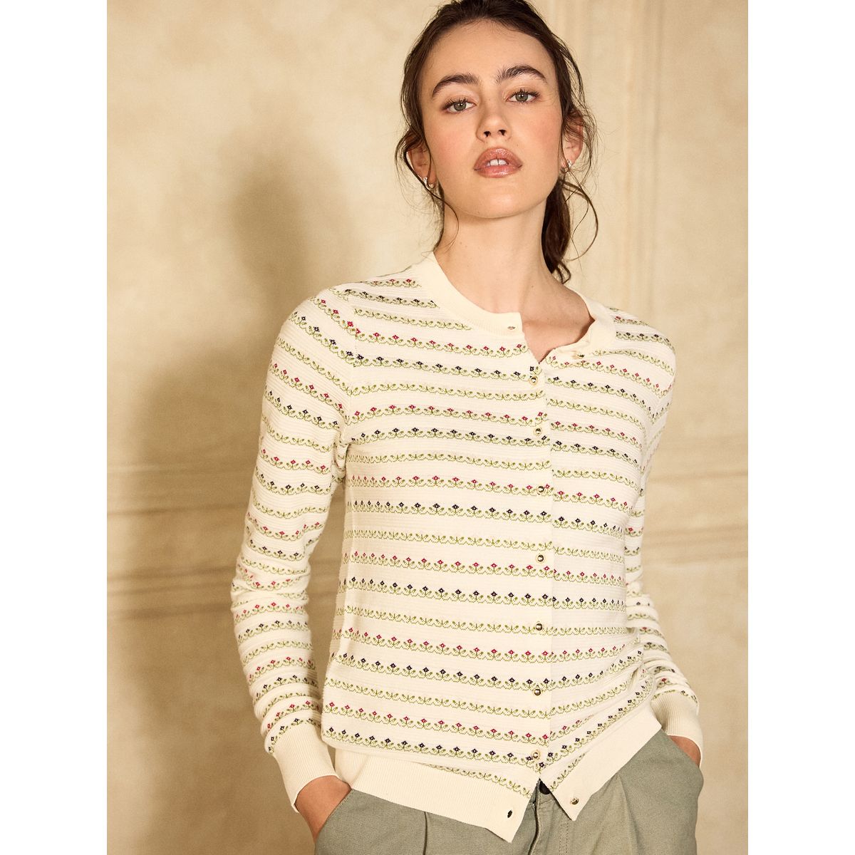 Cardigan ras du cou en coton majoritaire doux écru à imprimé fleurs, NEXT