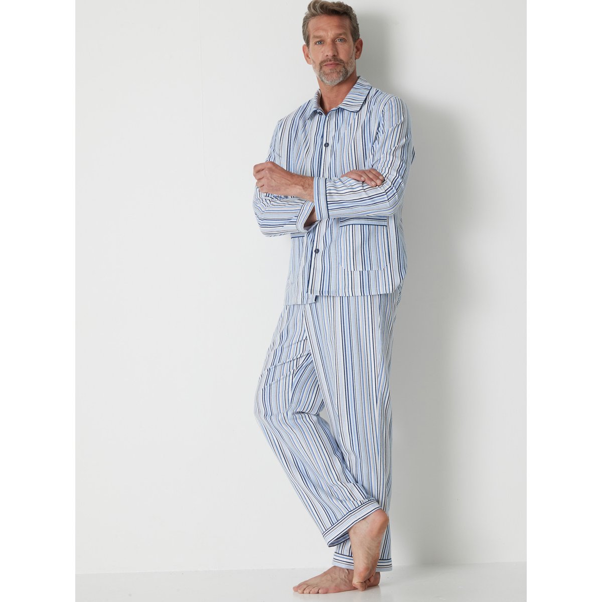 Pyjama classique flanelle pur coton rayé bleu ciel, DAXON