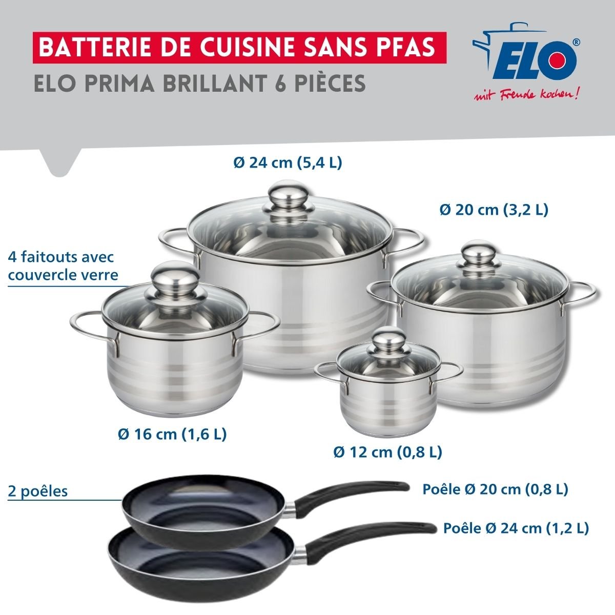 2 poêles 20/24cm + 4 faitouts 12/16/20/24cm PRIMA BRILLANT noir, ELO