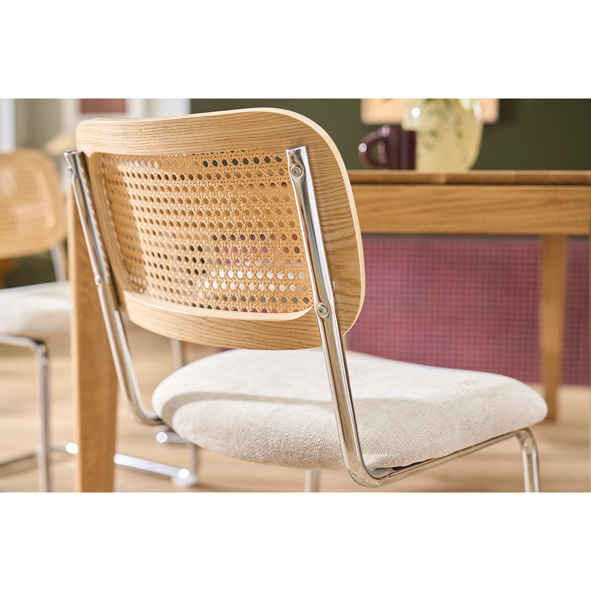 Chaises design en tissu effet velours texturé beige, métal chromé et cannage rotin (lot de 2) ELECTRA beige, MILIBOO