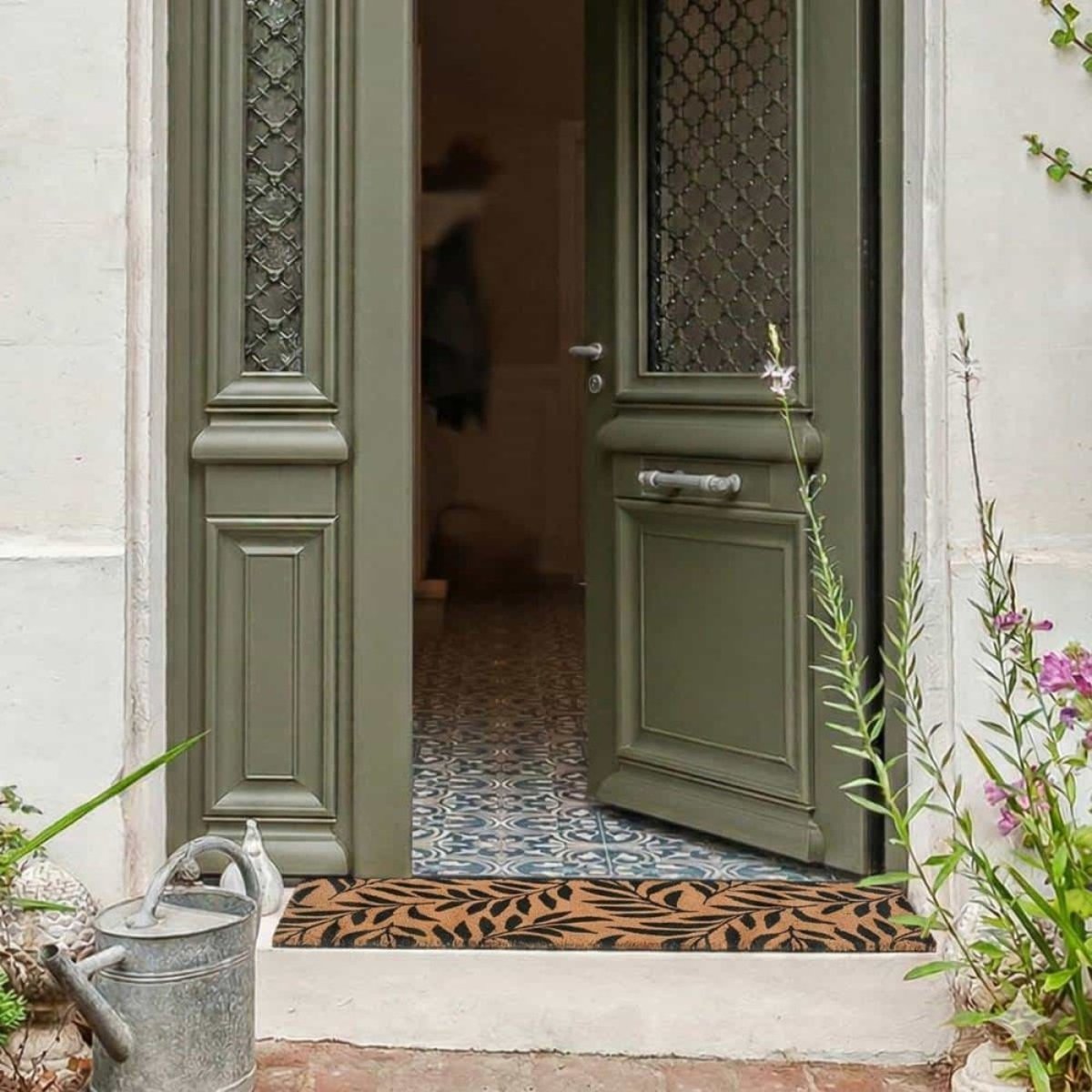 Paillasson de marche motifs feuillages en coco 25x75cm marron, ORNAMI