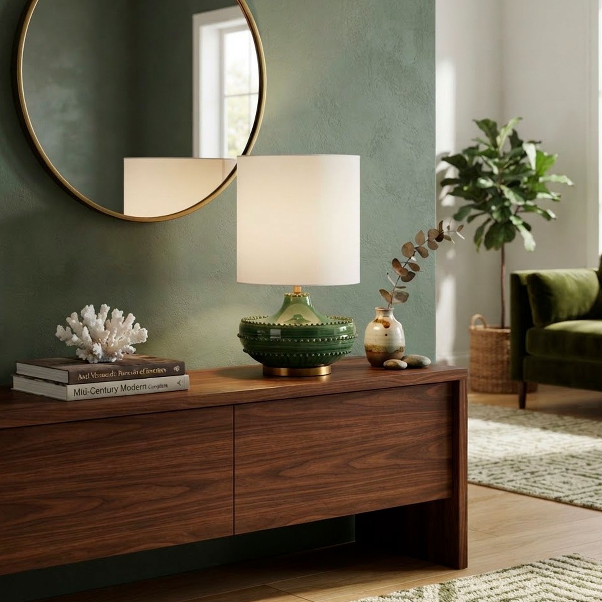 Lampe à poser en céramique verte et abat-jour lin blanc 38x38x65cm vert, WADIGA