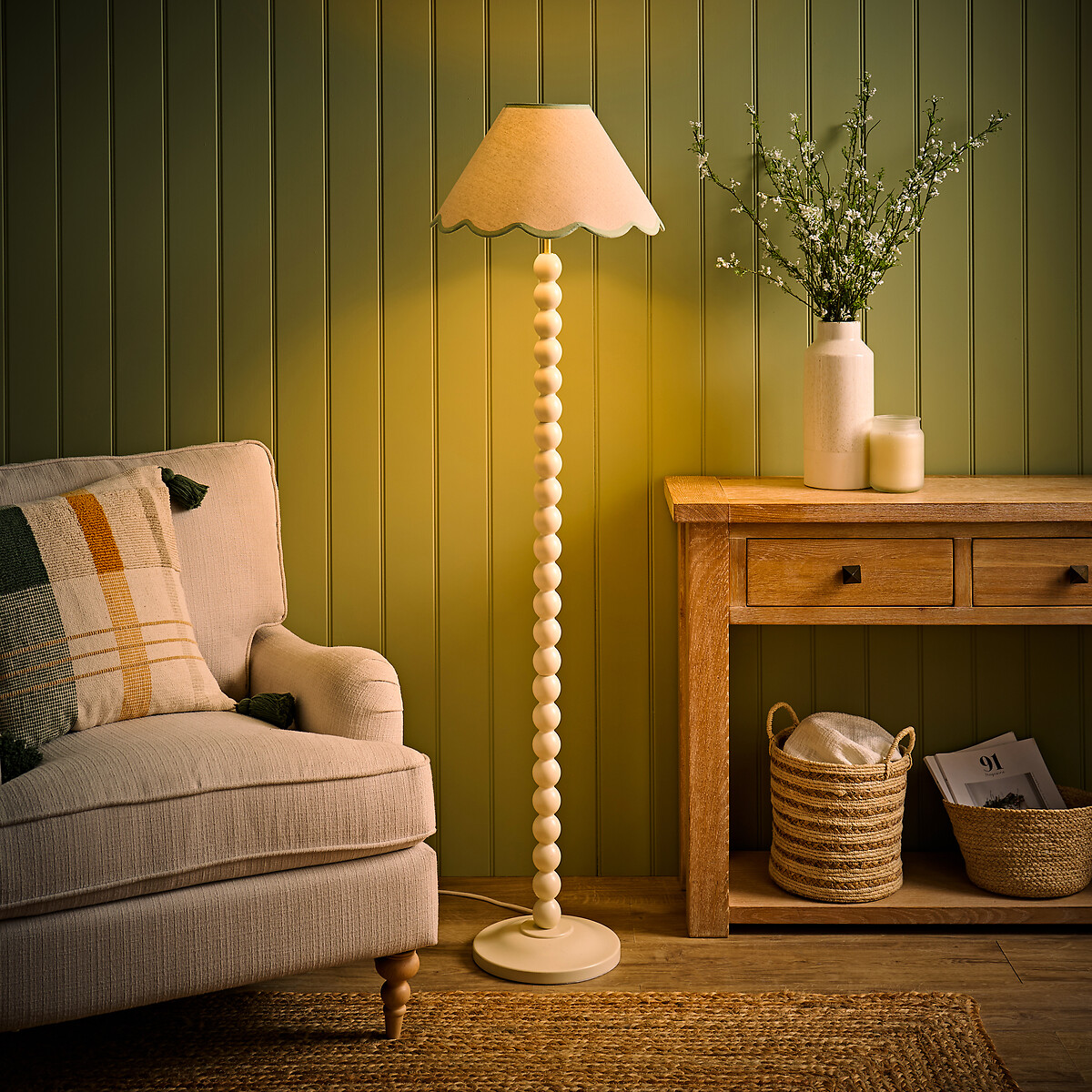 Bobbie Painted Cream Bobbin Floor Lamp with Scallop Shade sage green, SO'HOME