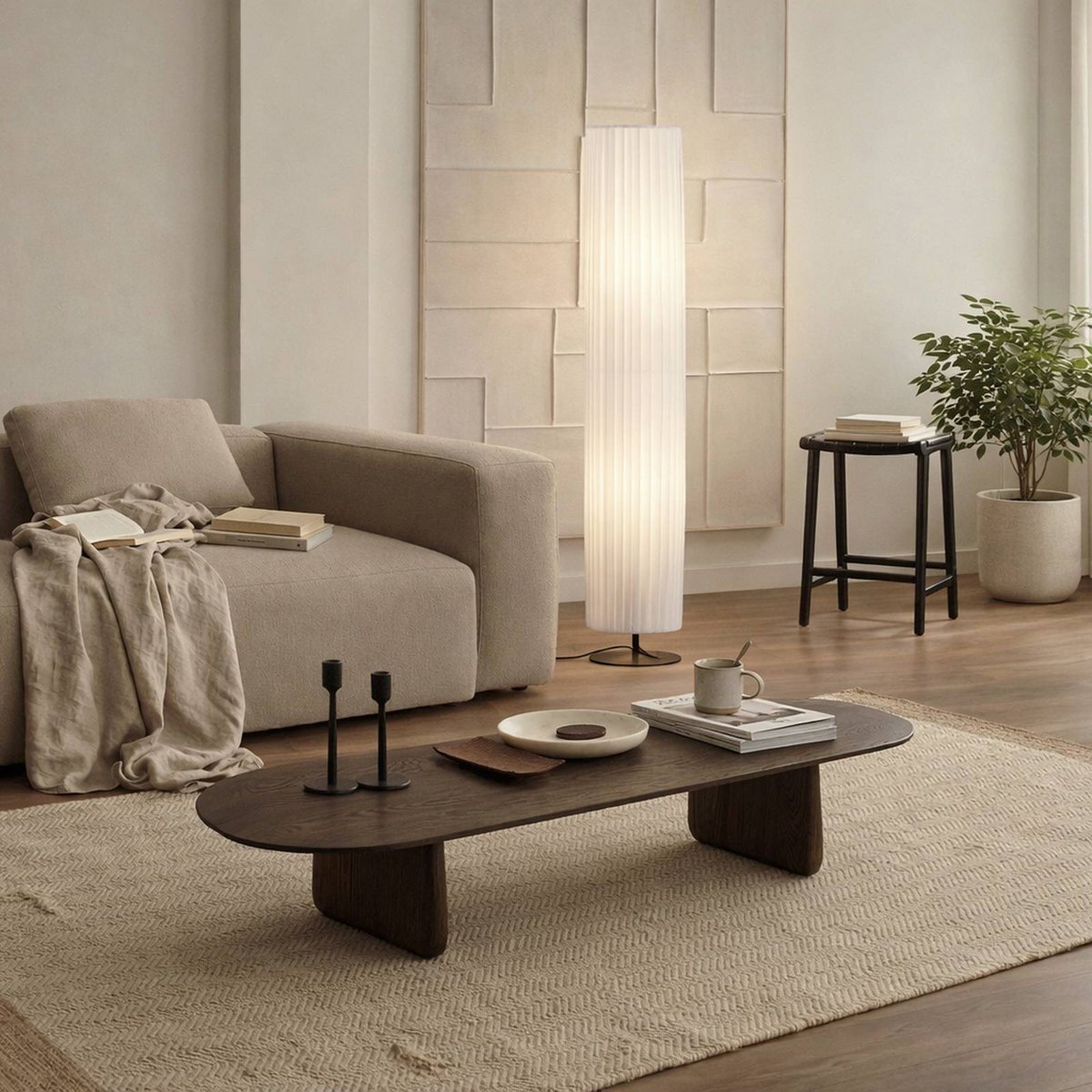 Lampadaire en textile, Virelle blanc, noir, LINDBY
