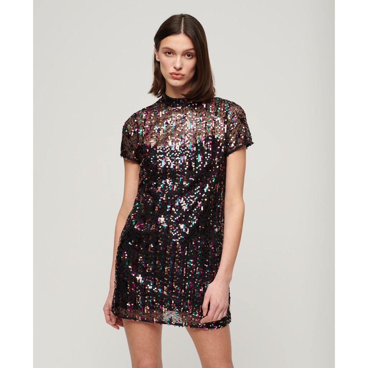 Robe t-shirt à sequins et col montant paillettes multicolores, SUPERDRY