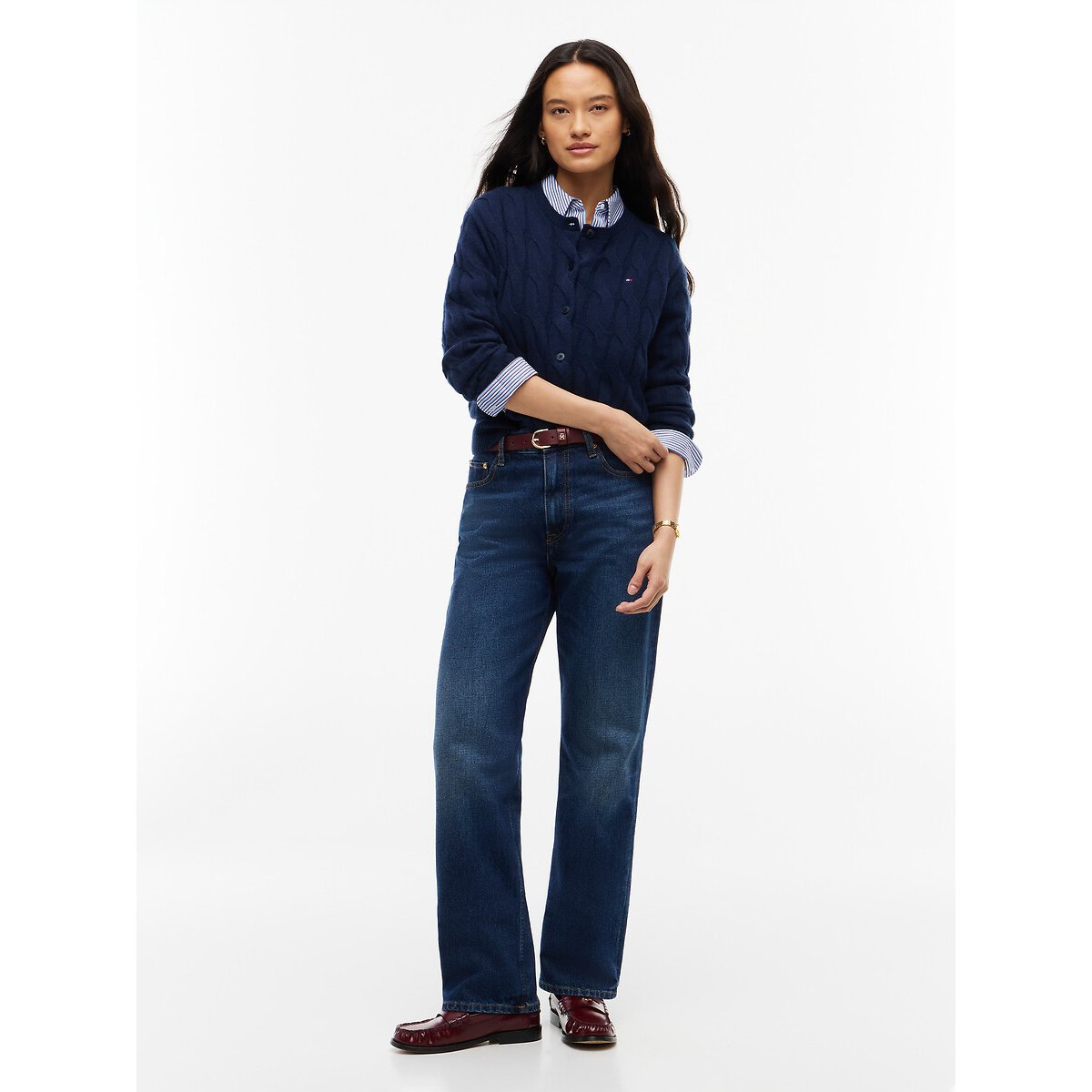 Cardigan col rond torsadé en laine marine, TOMMY HILFIGER