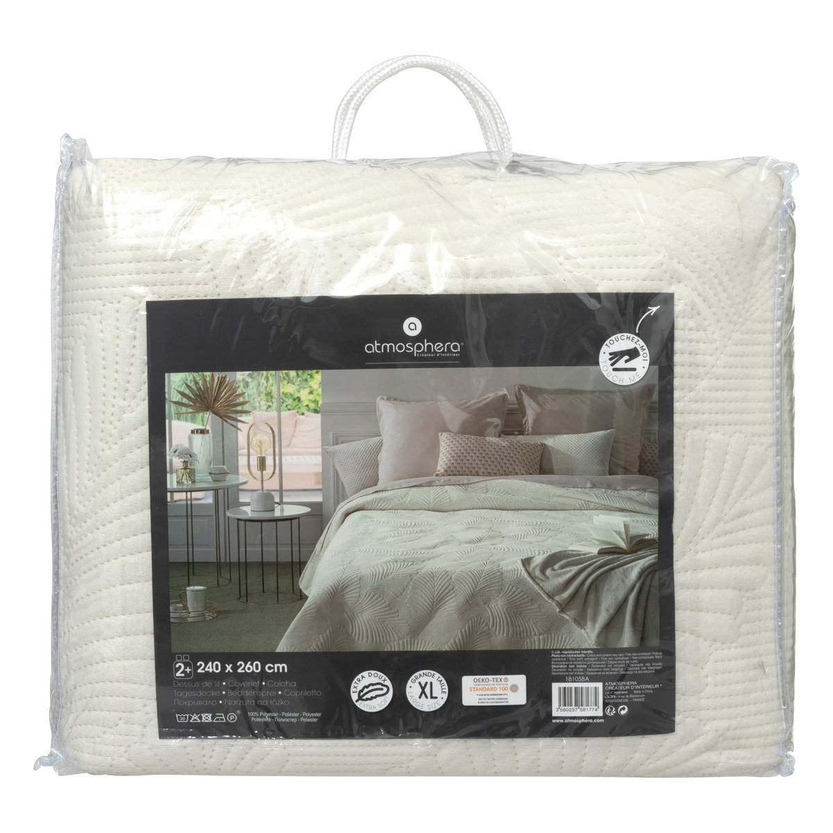 Dessus de lit matelassé en velours FEUILLE ivoire, ATMOSPHERA