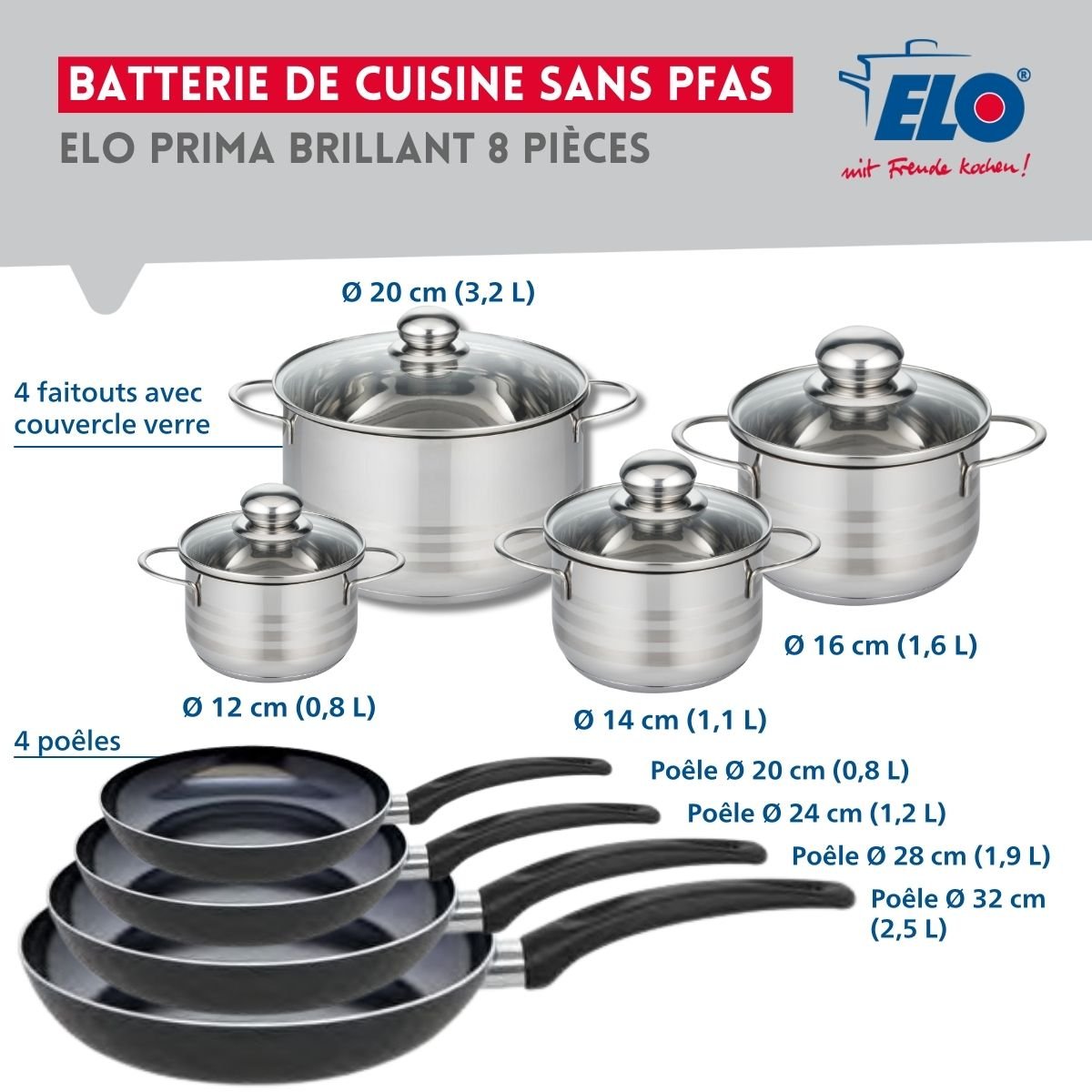 4 poêles 20/24/28/32cm + 4 faitouts 12/14/16/20cm PRIMA BRILLANT noir, ELO