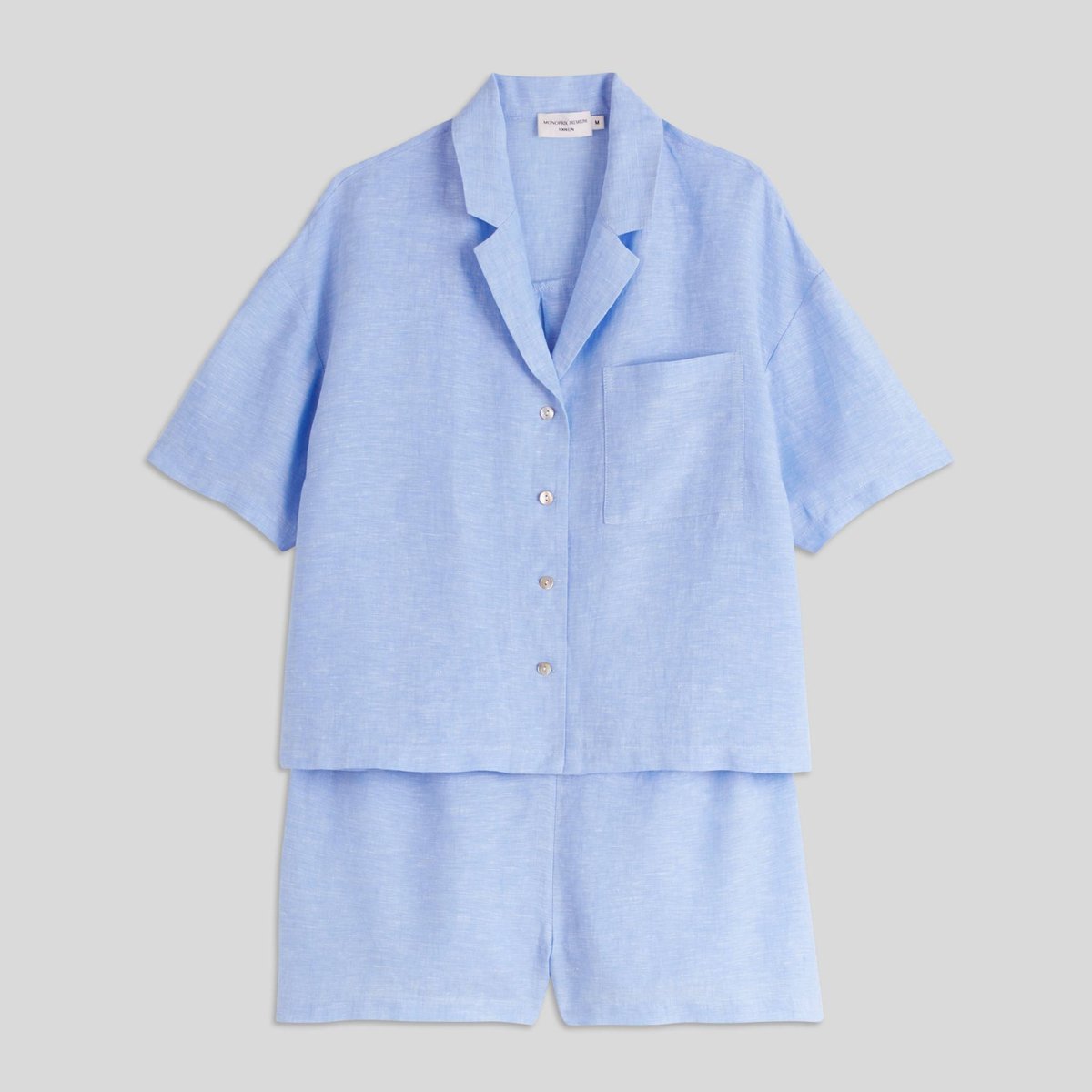 Pyjashort uni manches courtes en lin celeste, MONOPRIX