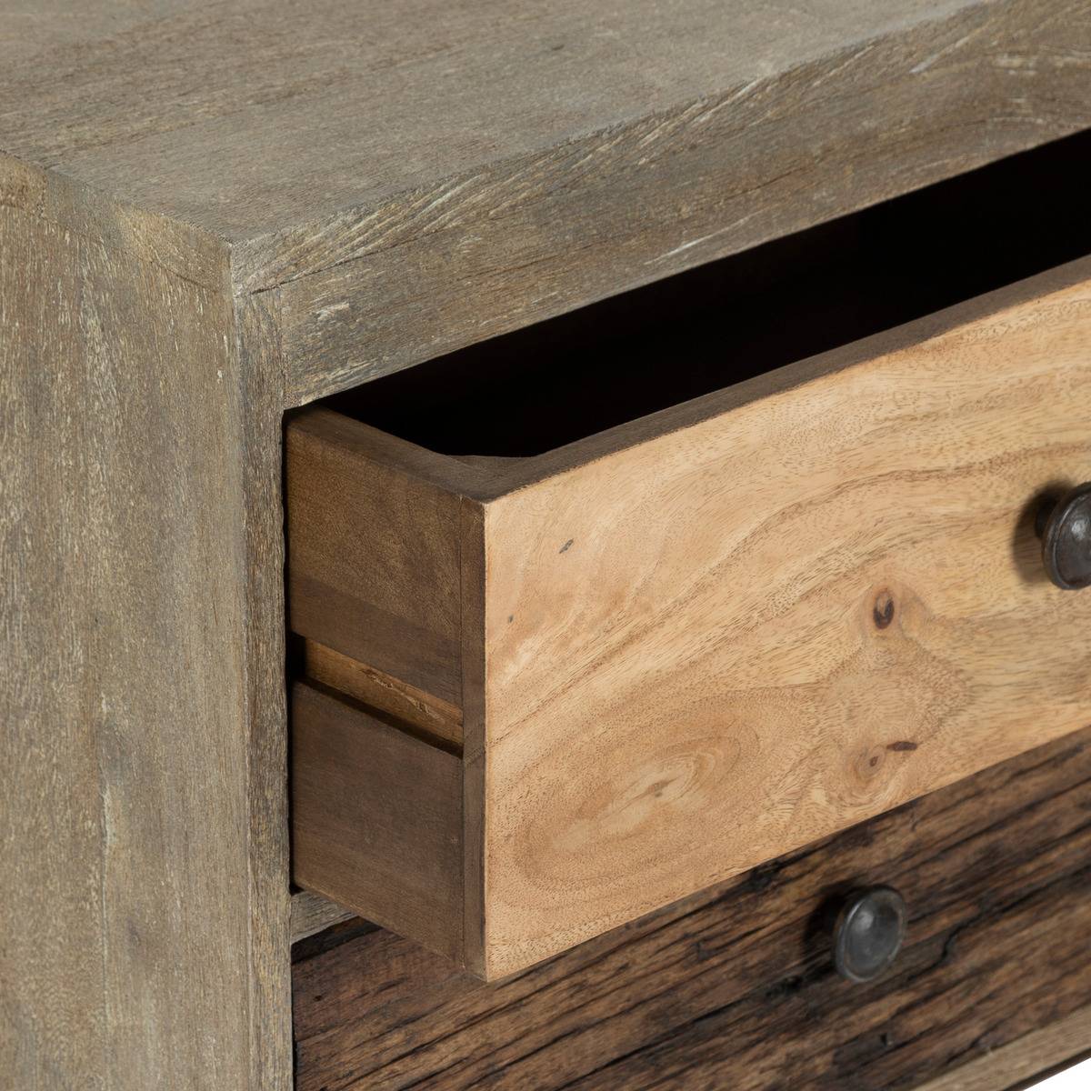 Table de chevet 3 tiroirs bois de manguier KOVAL gris, ATMOSPHERA