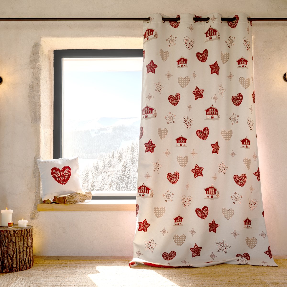 Rideau jacquard d’ameublement avec motifs chalets et cœurs - QABANE rouge, HOME MAISON