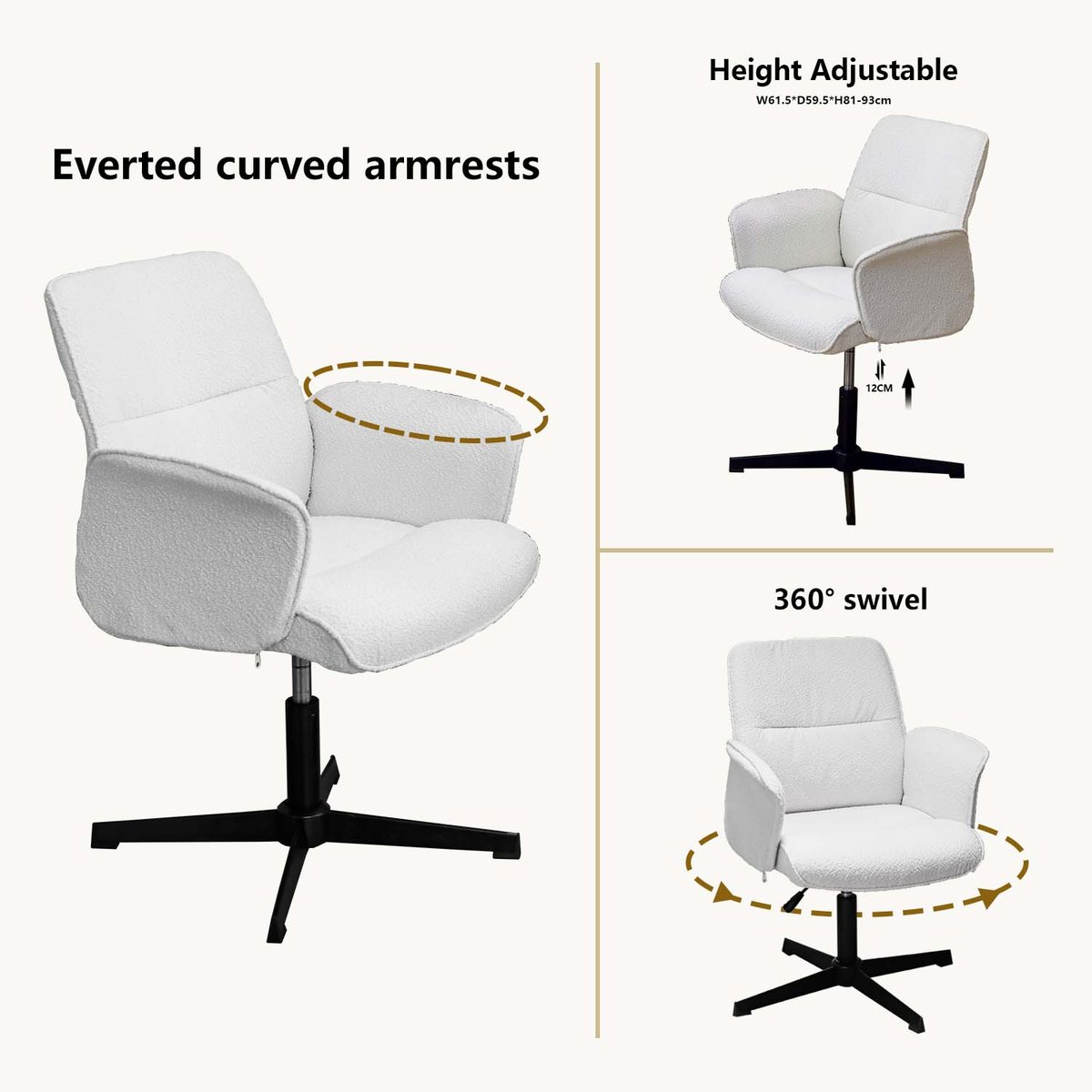 Chaise de bureau rotatif réglable en hauteur en bouclette, THOMASINAOFFICE crème, MEUBLES COSY