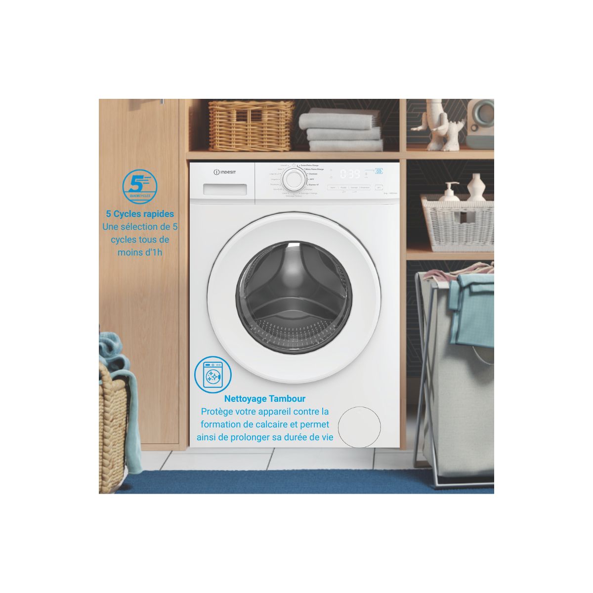 Lave linge hublot IMA864MYTIMEFR - 8 kg - 1400 tr/min - Classe A - Moteur induction blanc, INDESIT