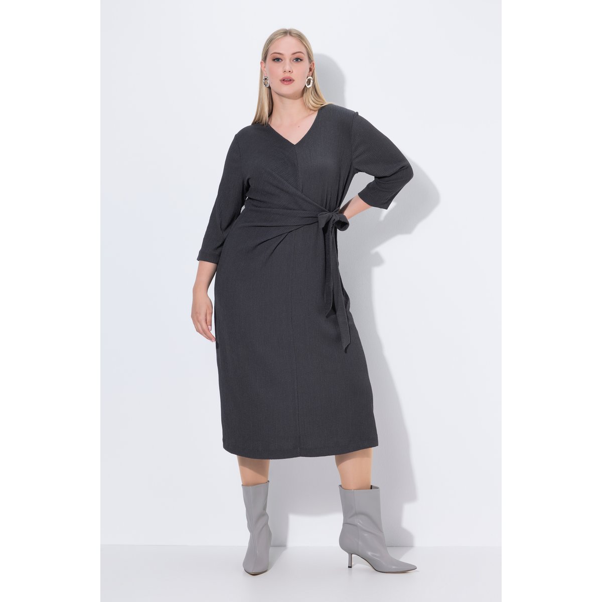 Robe portefeuille, longueur midi chiné gris moyen, ULLA POPKEN