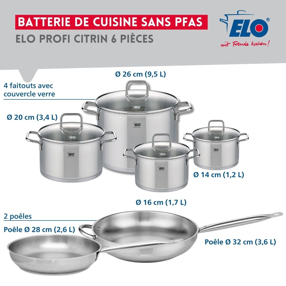 2 poêles 28/32cm + 4 faitouts 14/16/20/26cm PROFI CITRIN inox, ELO