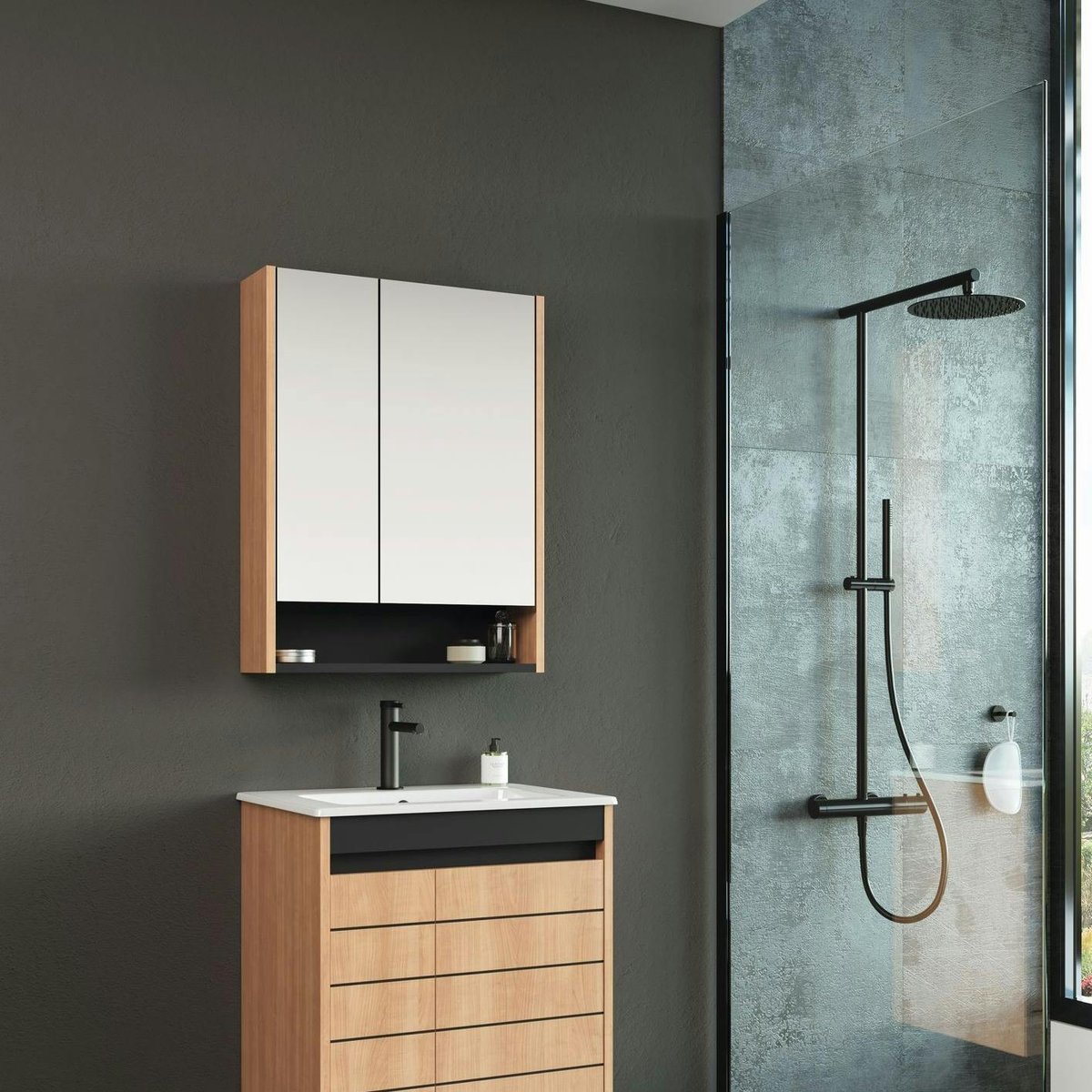 Meuble vasque suspendu 60 cm décor chêne 2 portes AÏGA bois naturel, PIER IMPORT