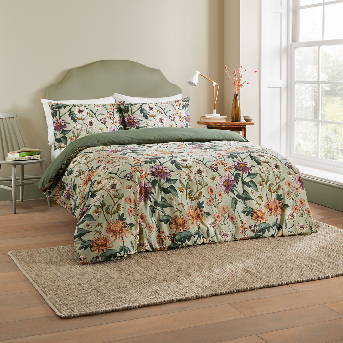 Wallflower Cotton Rich Reversible Duvet Cover and Pillowcase Set sage, WYLDER NATURE