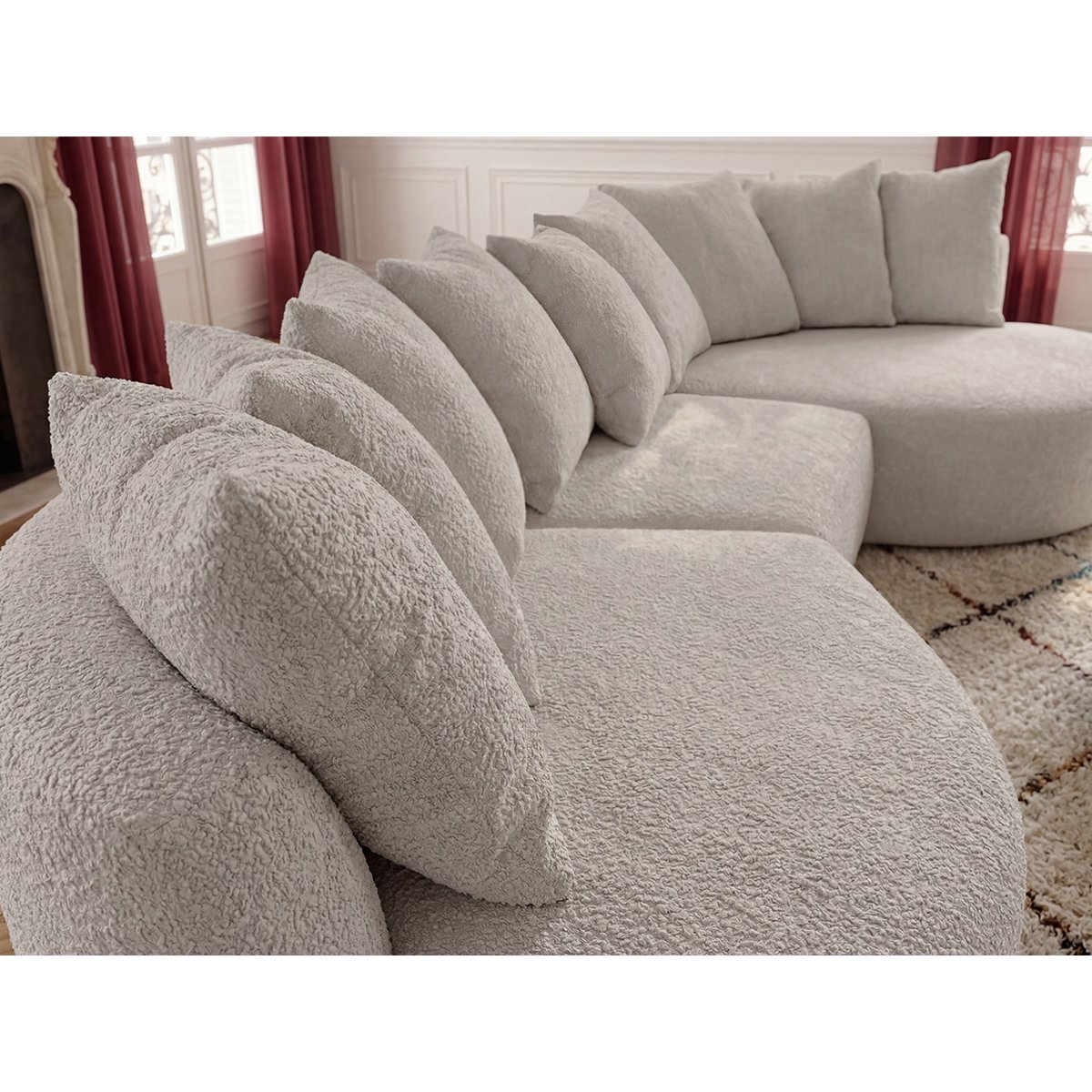 Canapé d'angle fixe 6 places en tissu bouclette, CALYPSO blanc, BOBOCHIC