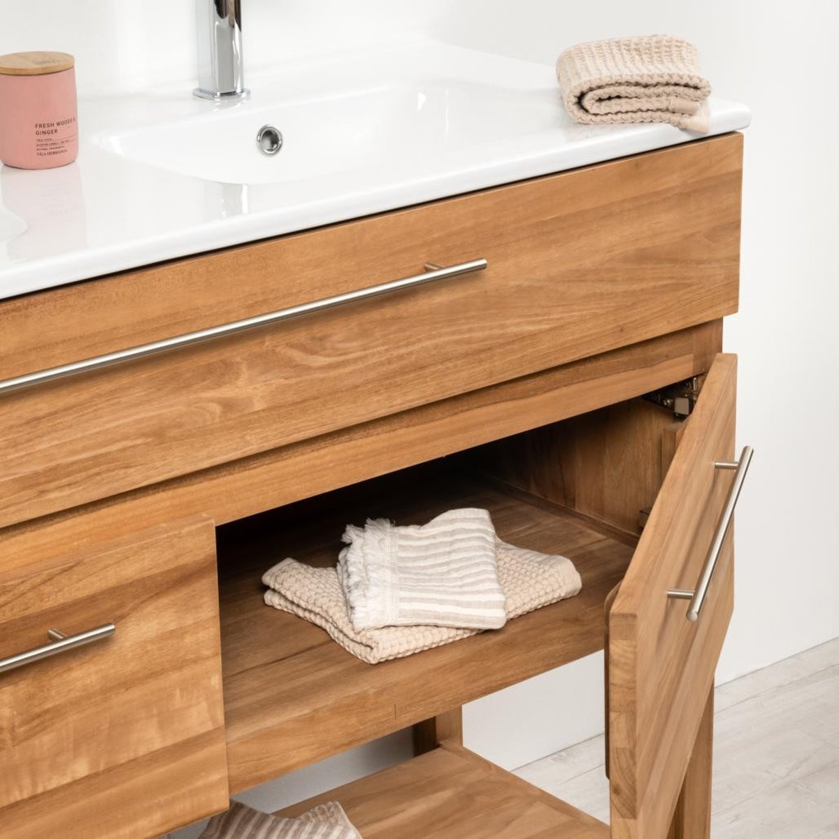 Meuble salle de bain en teck massif et céramique Bagster 120 cm blanc, WANDA COLLECTION