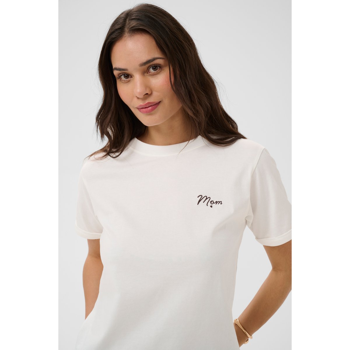 T-shirt à manches courtes blanc chalk/coffee bean emb., KAFFE