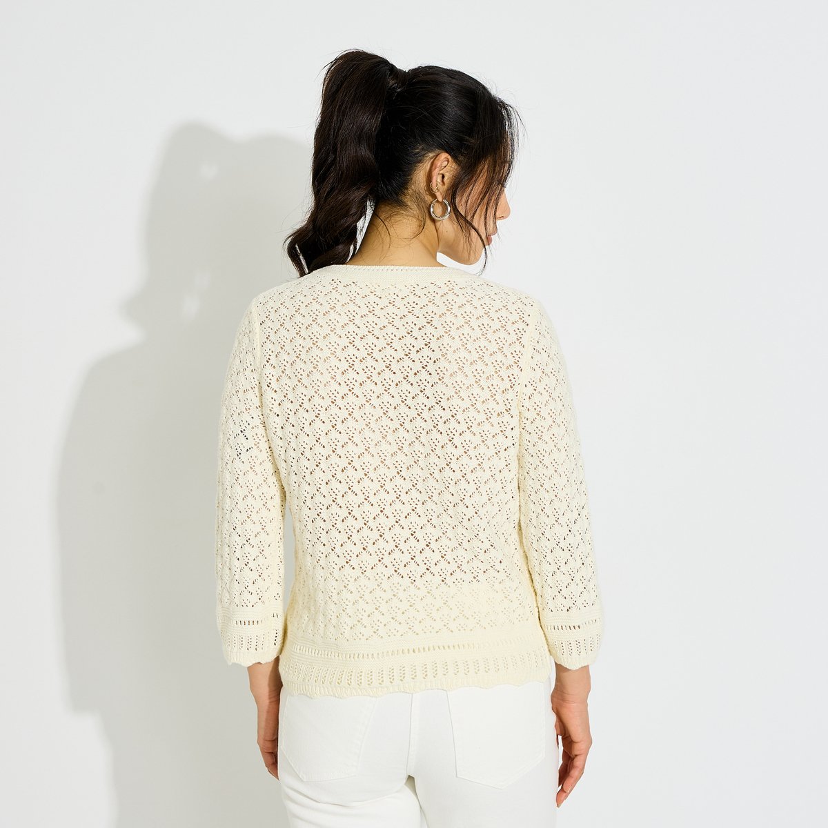 Pull col rond ajouré blanc cassé, GRAIN DE MALICE
