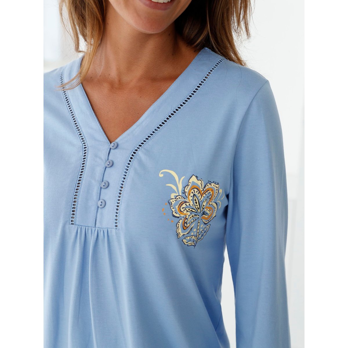 Pyjama femme maille pur coton imprimé bleu, DAXON
