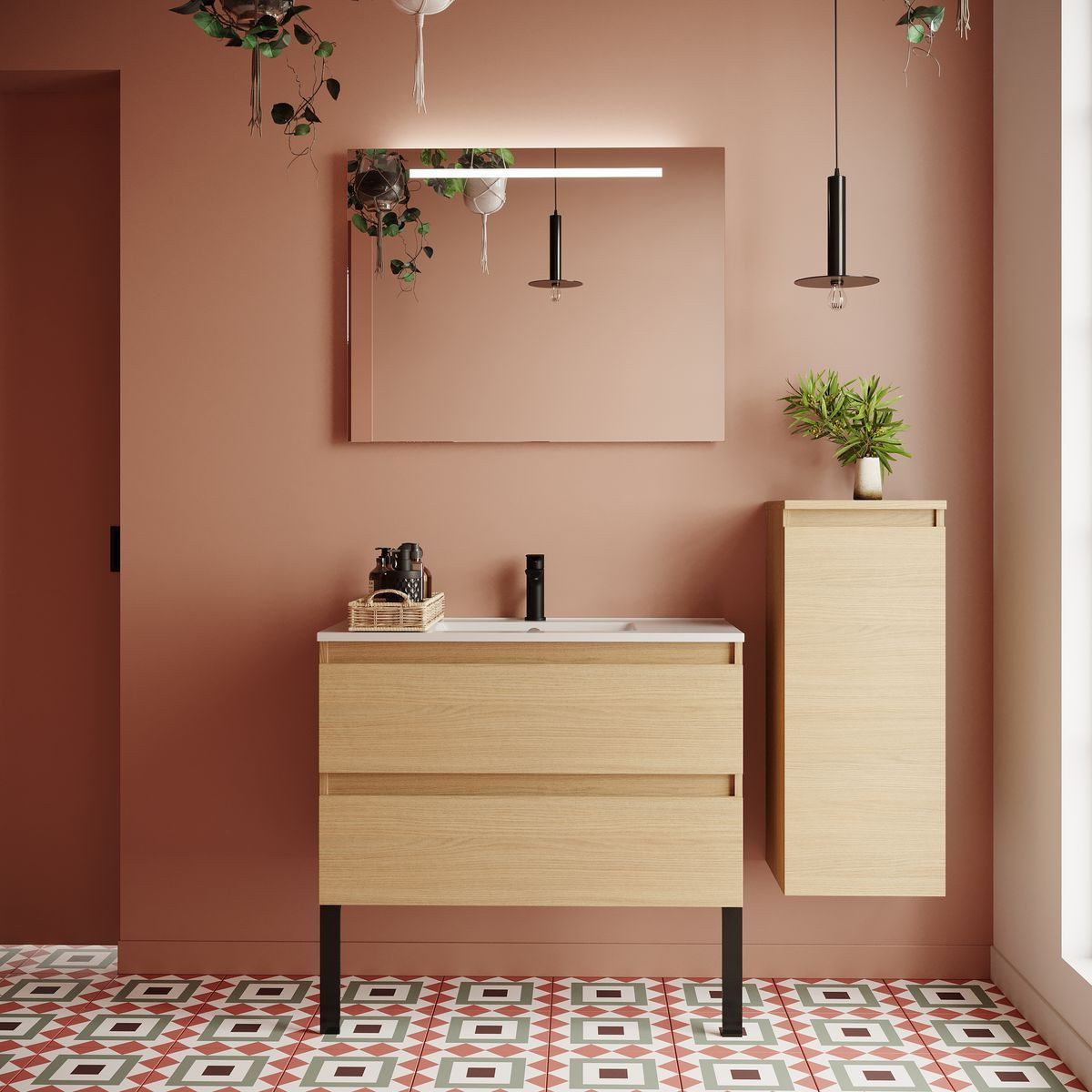 Ensemble vasque intégrée 2 tiroirs + colonne à droite - HUDSON chêne clair, HOMIFAB