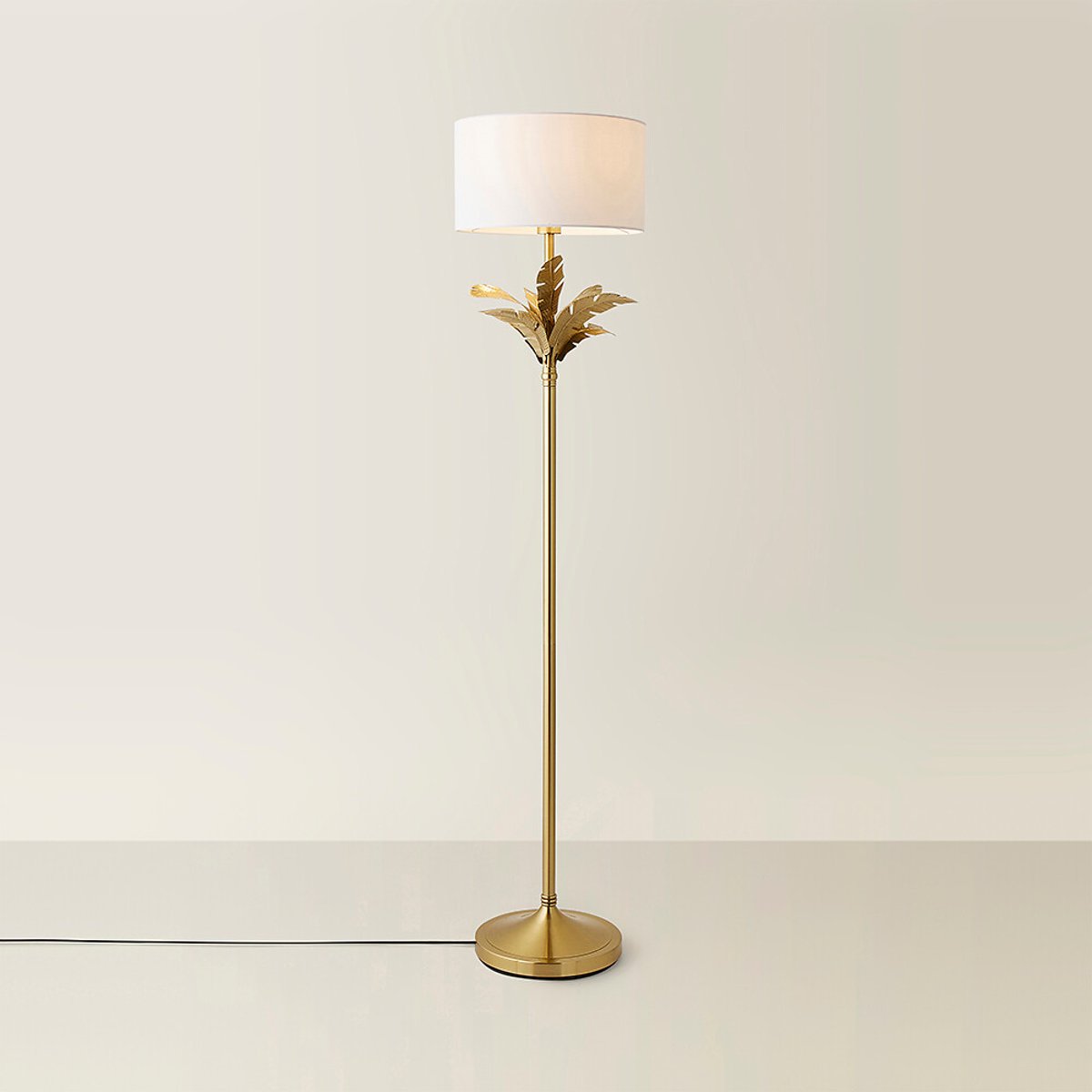 Chrissy Gold Palm Leaf Floor Lamp with Fabric Drum Shade white, SO'HOME