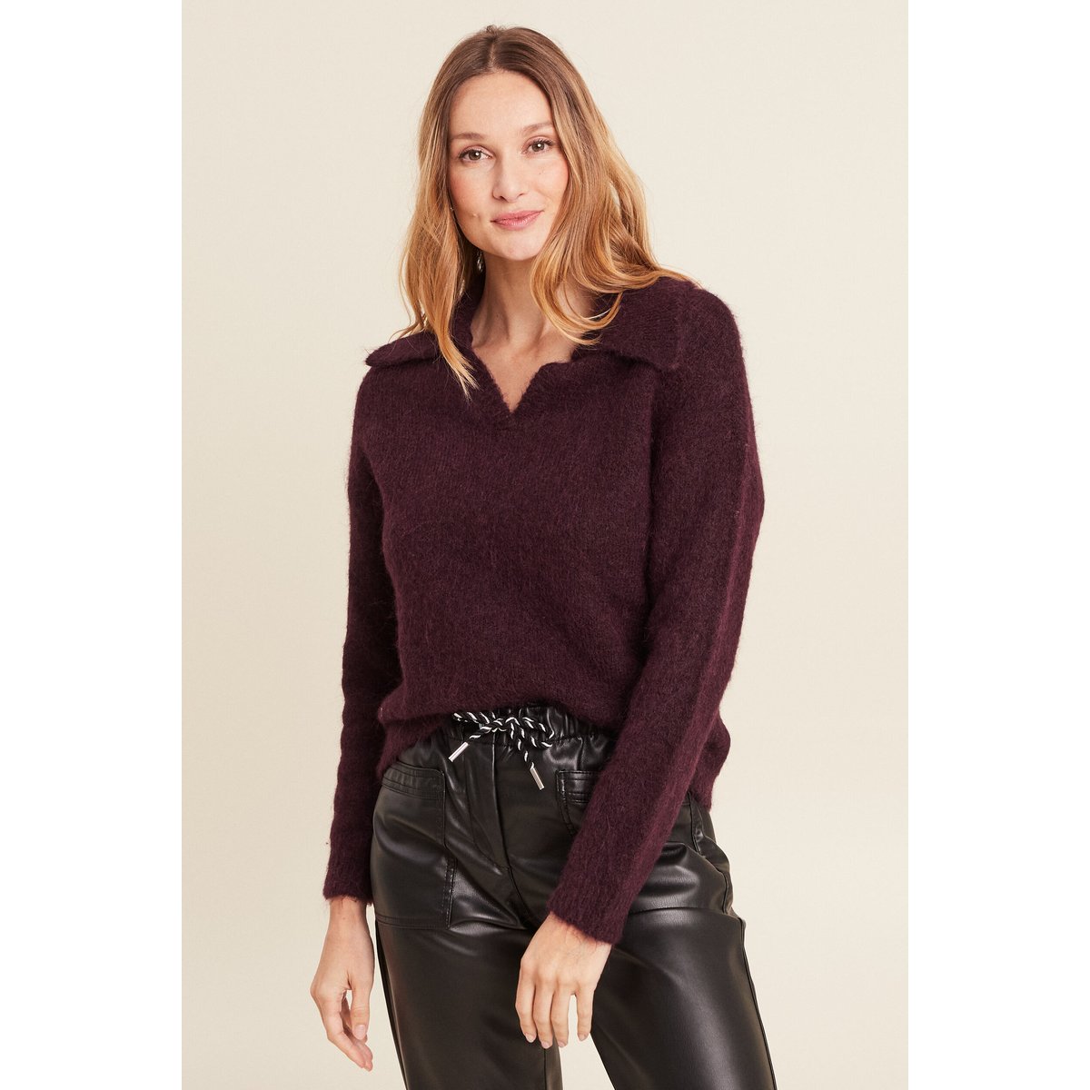 Pull manches longues col polo bordeaux, BREAL