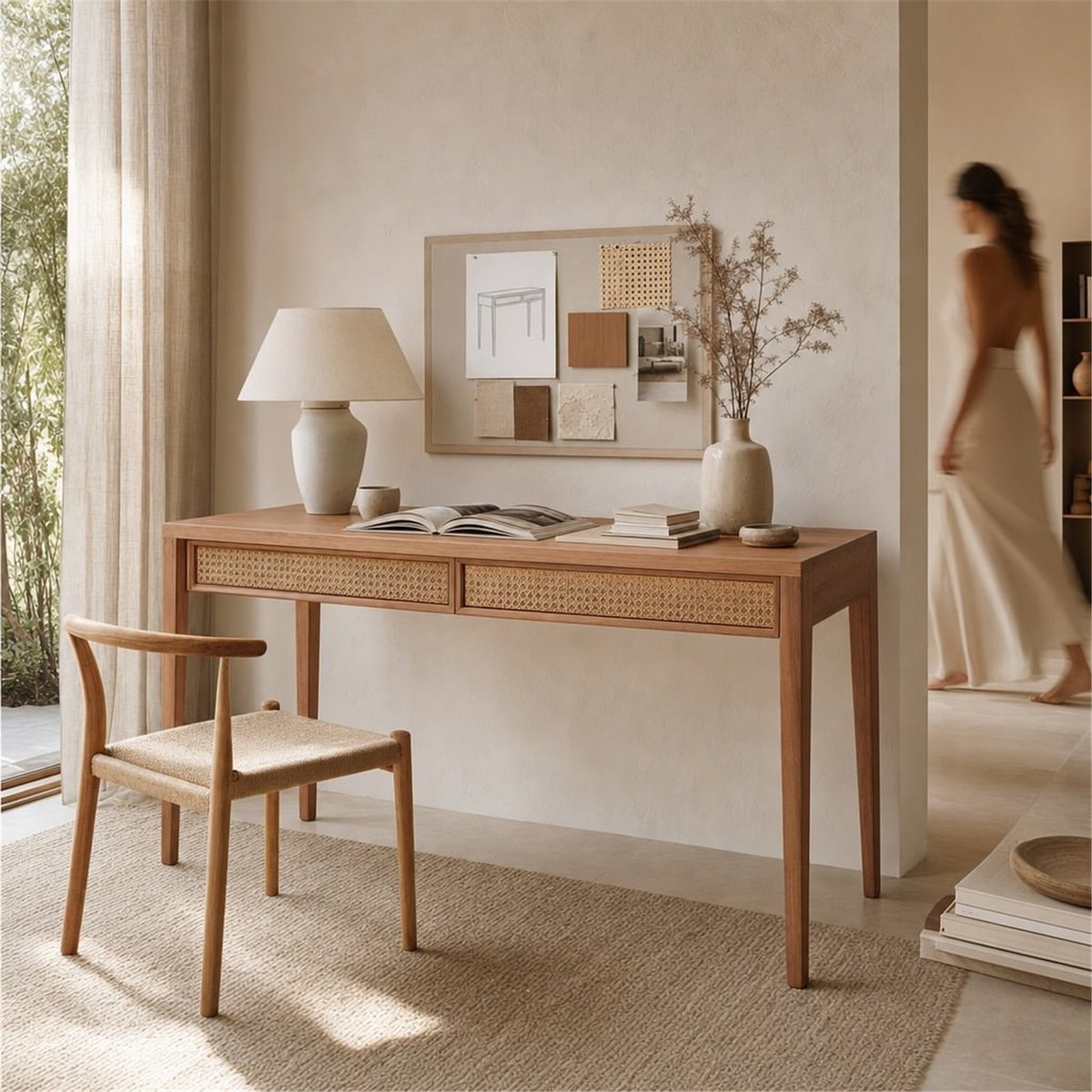 Bureau en bois de cèdre et rotin naturel voilé et naturel, RECOLLECTION